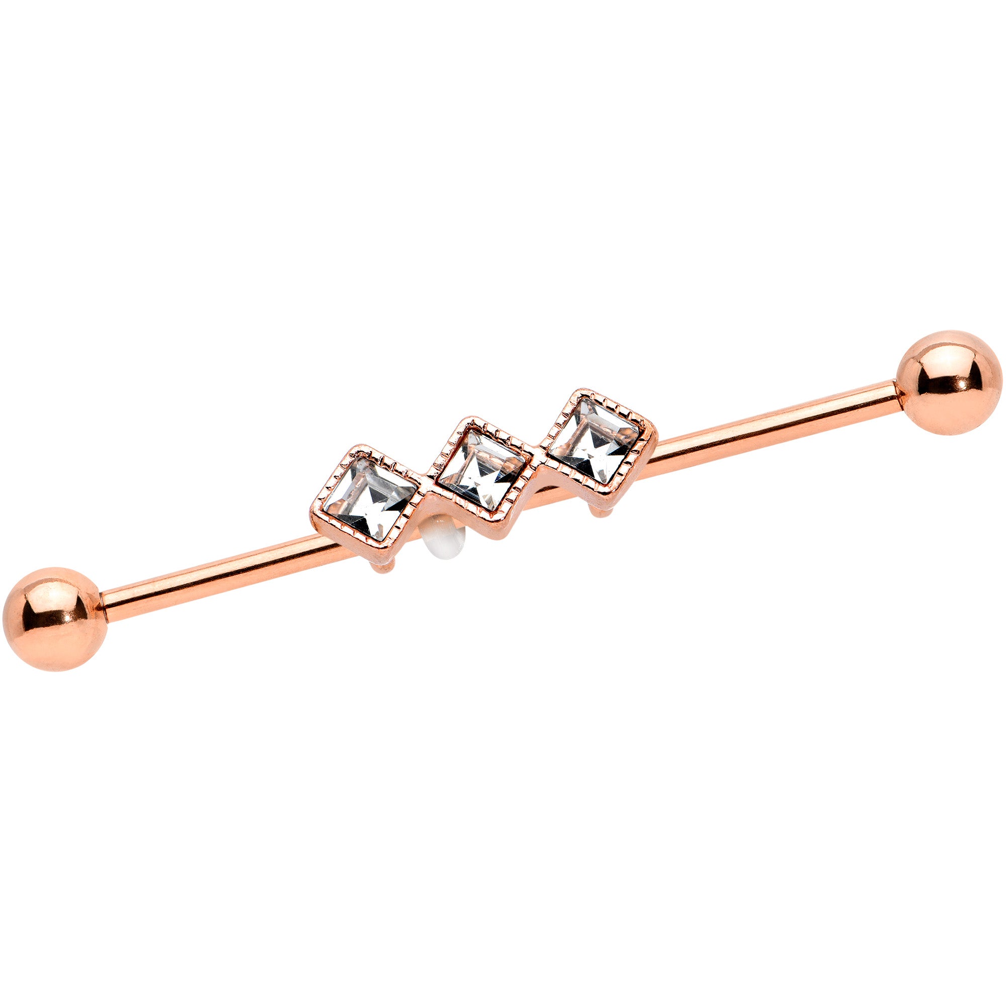 14G Clear Gem Rose Gold Hue Triple Rhombus Industrial Barbell 38mm