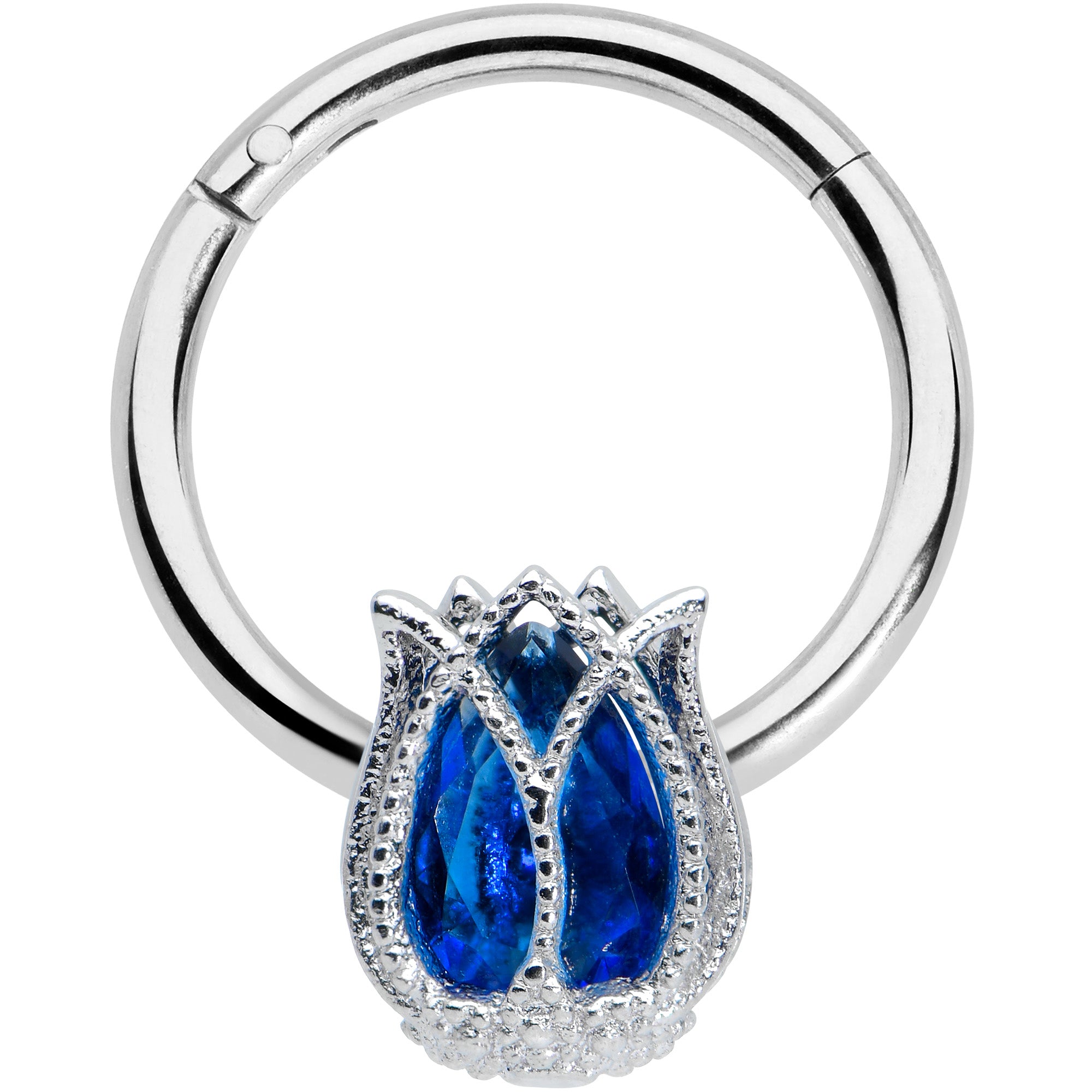 16G 3/8 Blue Gem Petals Tulip Flower Hinged Segment Ring