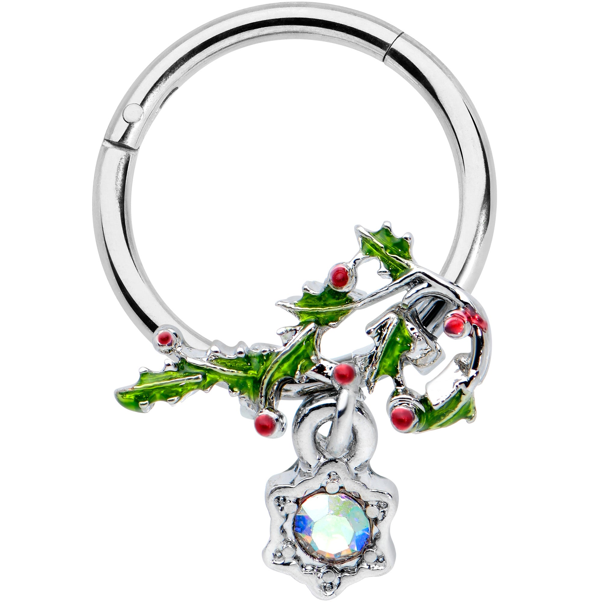 16G 3/8 Aurora CZ Candy Cane Holly Christmas Hinged Segment Ring