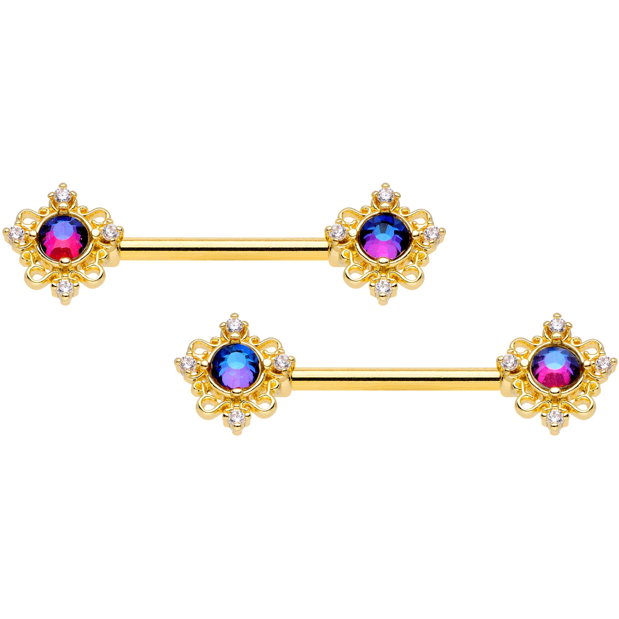 14G 9/16 Purple Tourmaline Gold Tone Filigree Nipple Ring Set