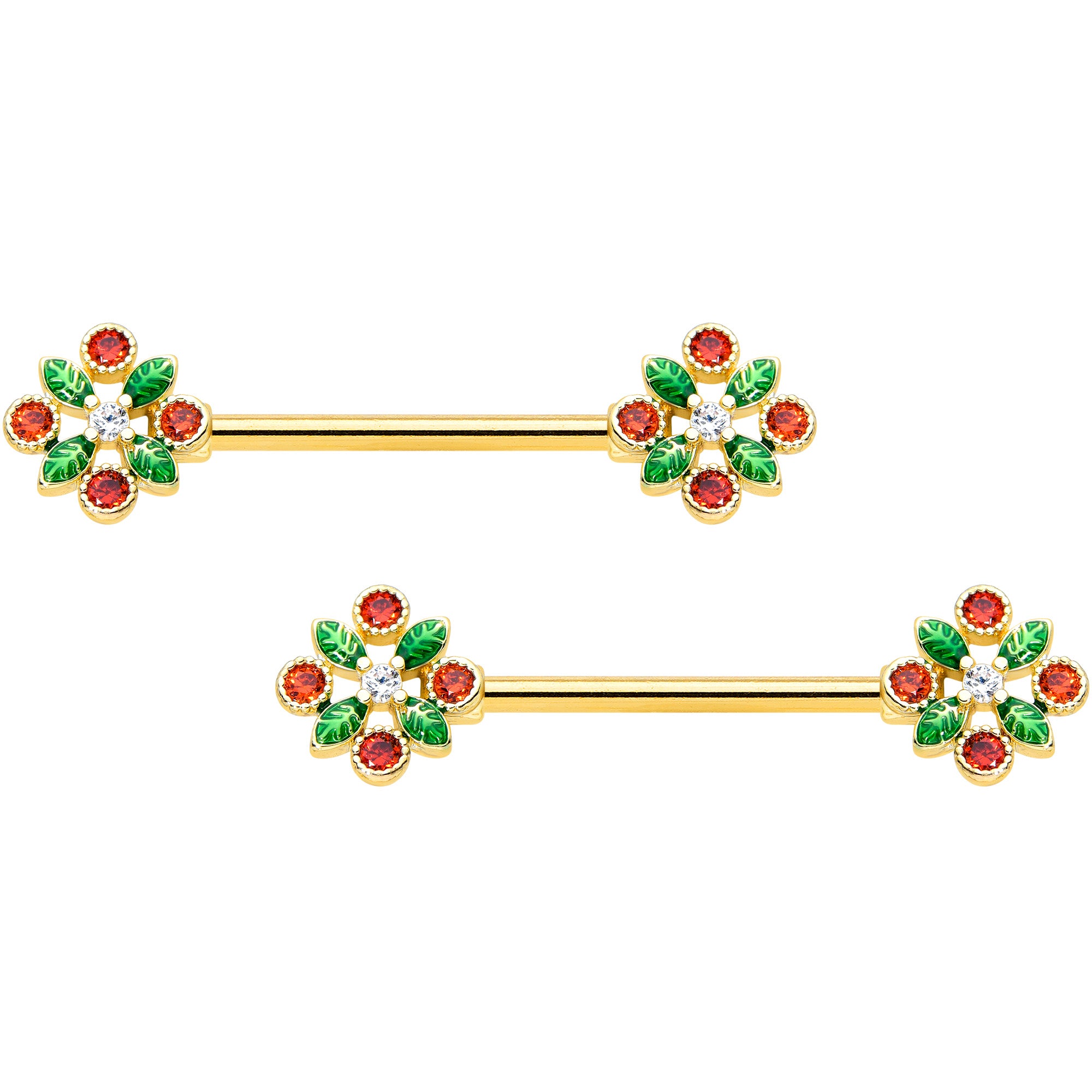 14G 5/8 Red Gem Gold Tone Crest Christmas Barbell Nipple Ring Set