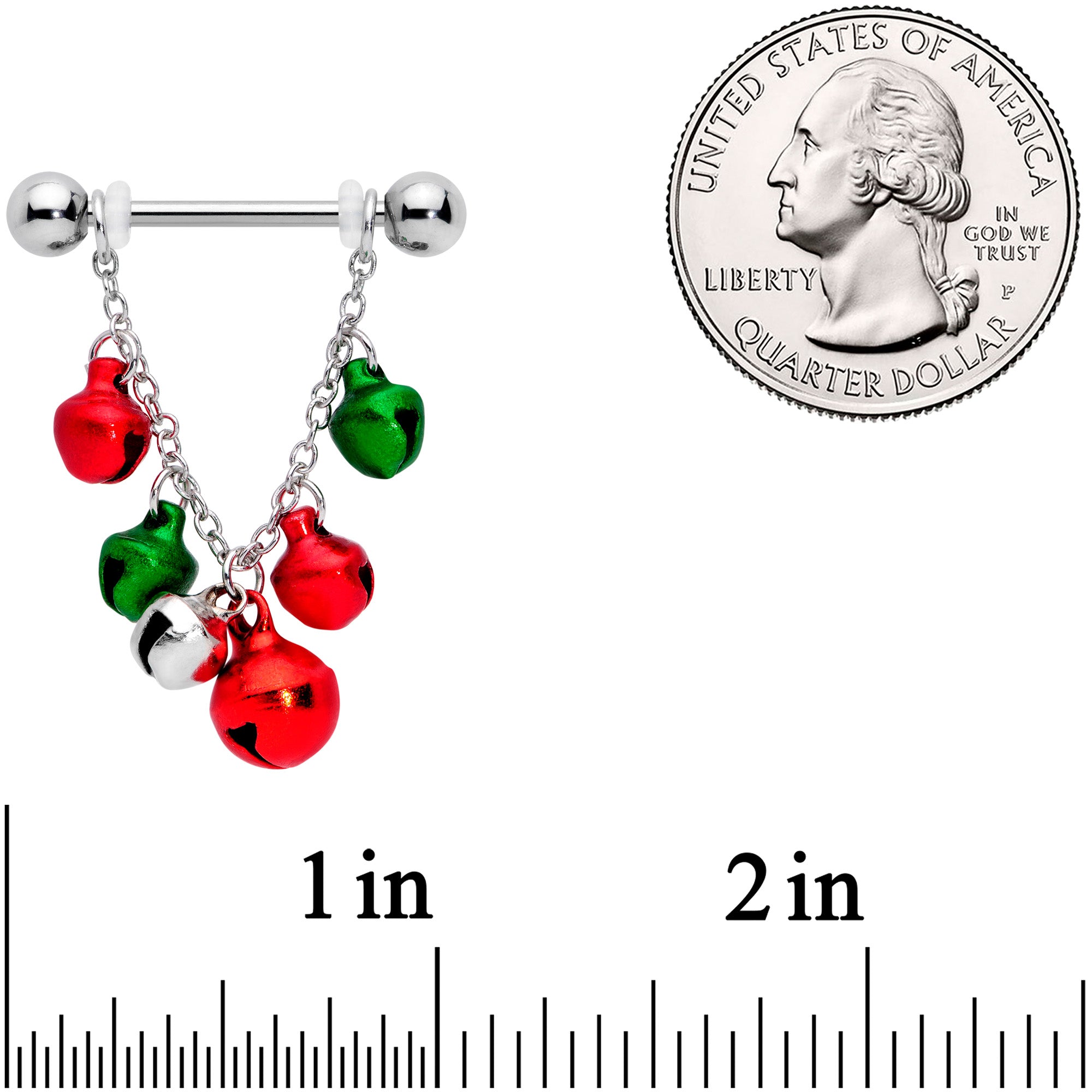 14G 5/8 Red Green Bell Christmas Chain Dangle Nipple Ring Set