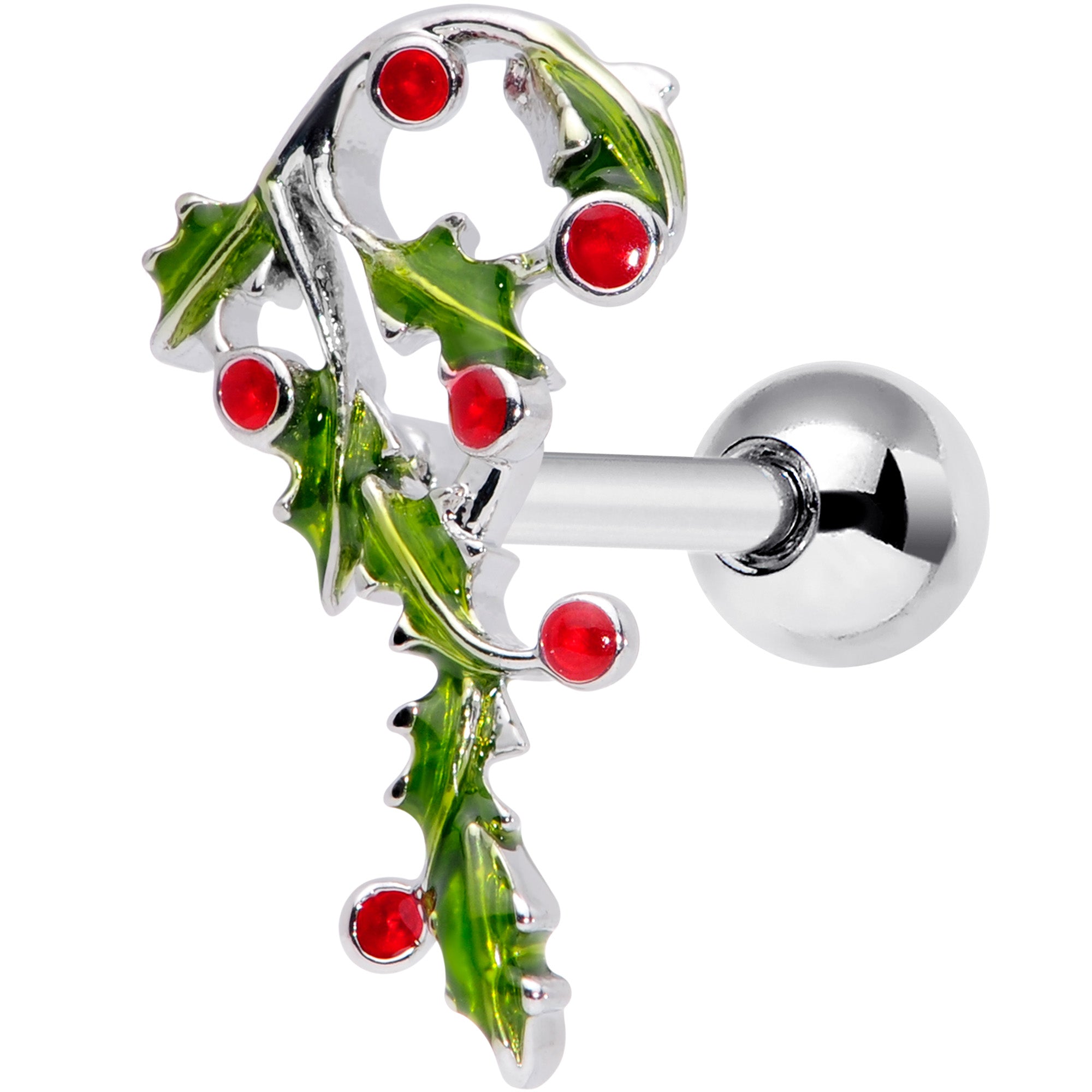 16G 1/4 Pink CZ Gem Candy Cane Holly Christmas Cartilage Tragus