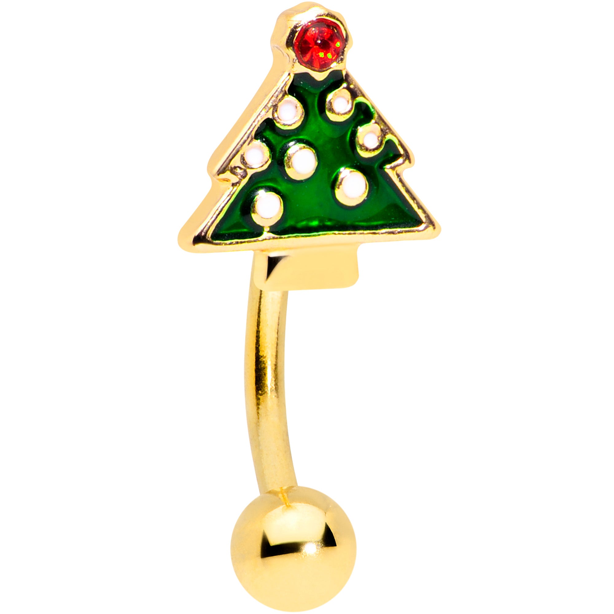 16G 5/16 Red Gem Gold Hue Star Christmas Tree Curved Eyebrow Ring