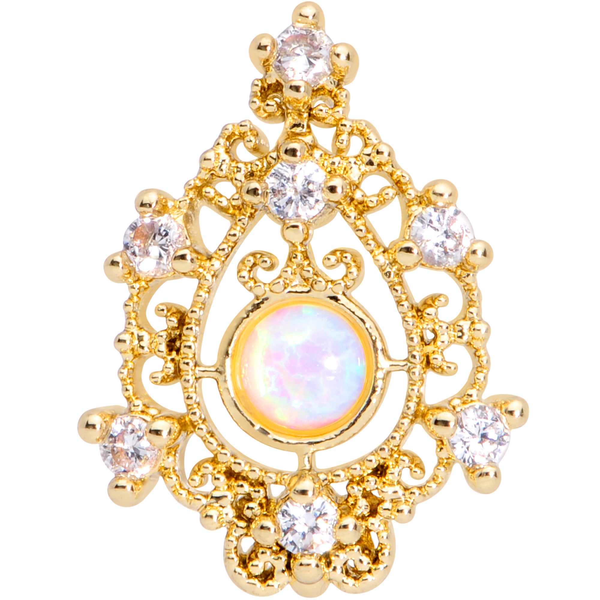 16G 1/4 Ornate White Synthetic Opal Gold Tone Oval Cartilage Tragus