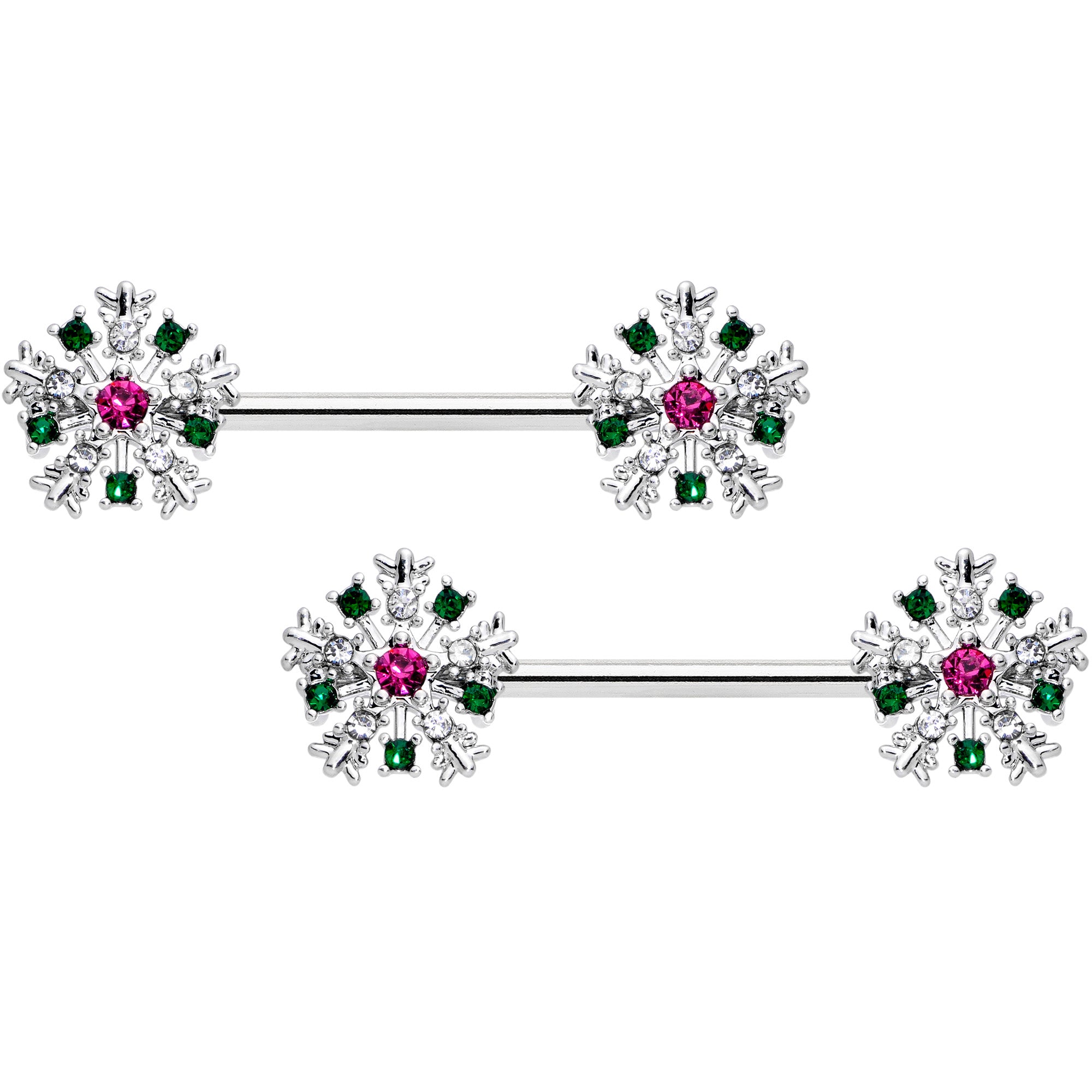 14G 9/16 Clear Pink Green Gem Snowflake Barbell Nipple Ring Set