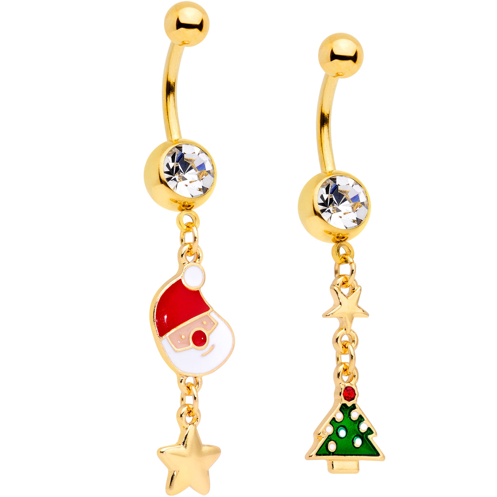 Clear Gem Gold Tone Santa Christmas Tree Dangle Belly Ring Set of 2