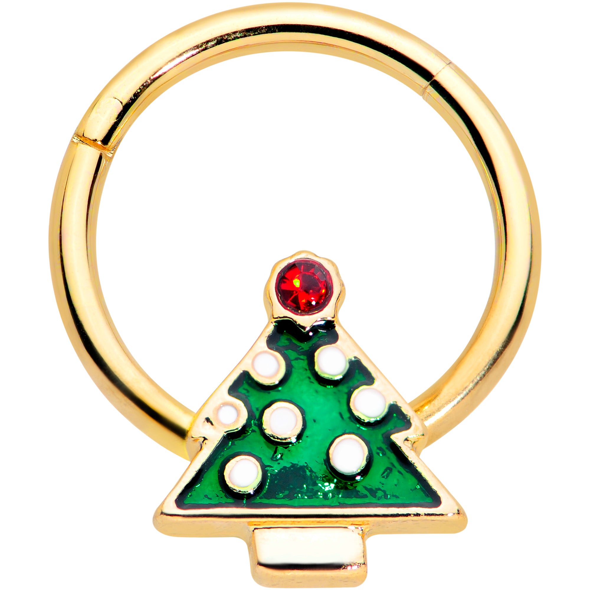 16G 3/8 Red Gem Gold Tone Christmas Tree Hinged Segment Ring