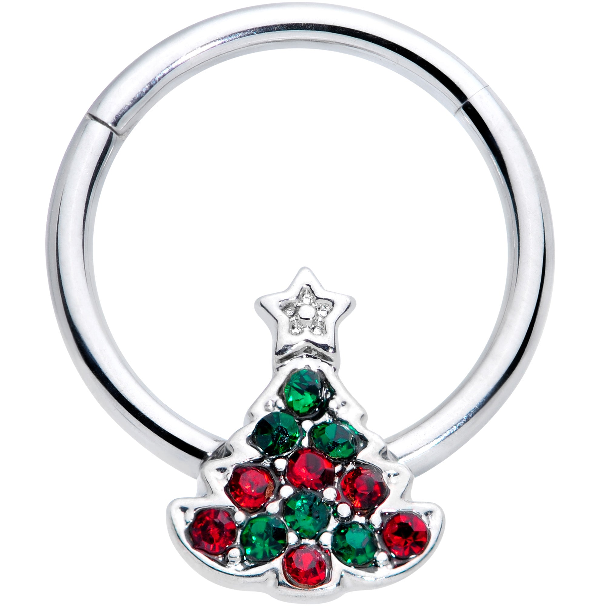 16G 3/8 Red Green Gem Starry Christmas Tree Hinged Segment Ring