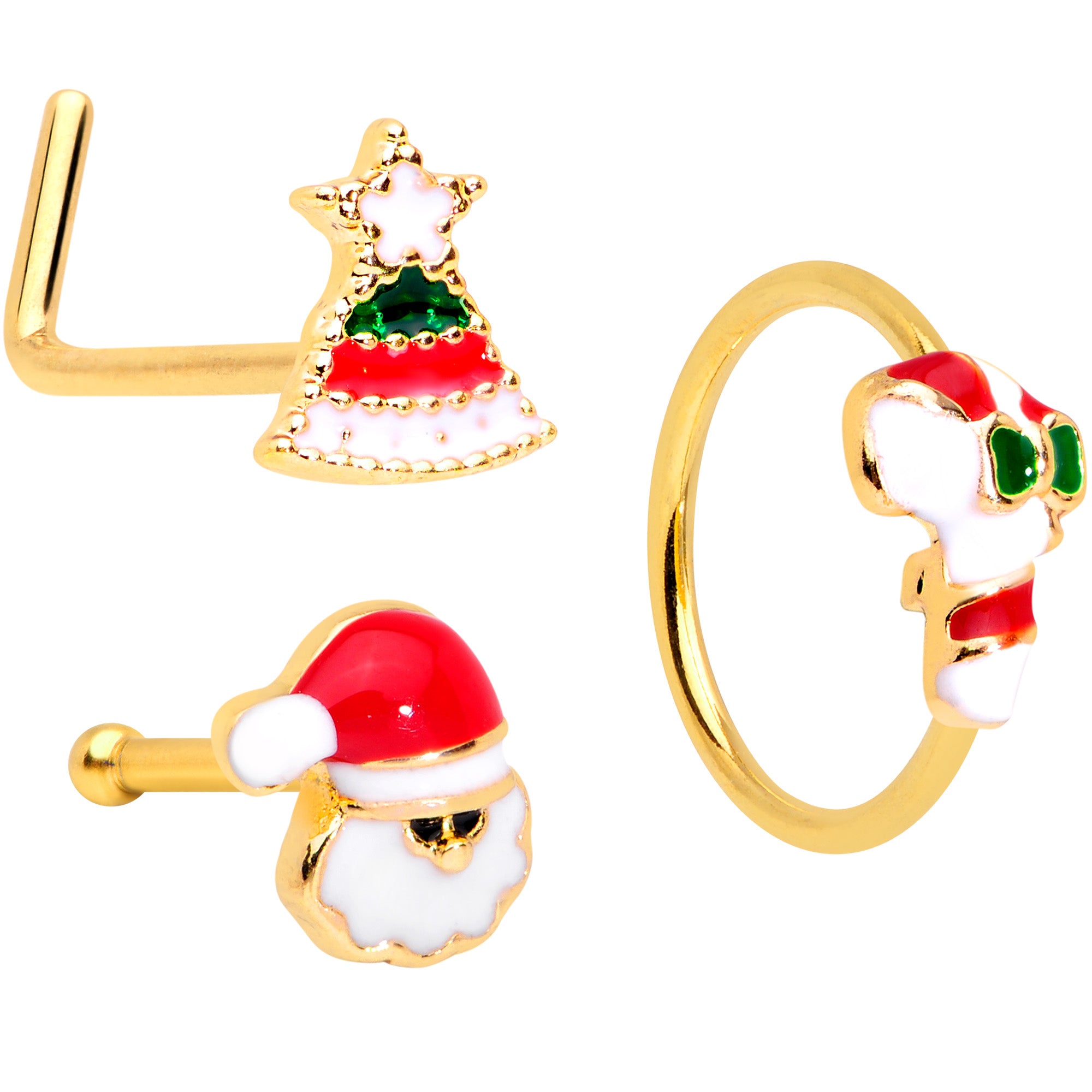 20G 5/16 Gold Hue Santa Christmas Nose Hoop Bone L Shape Set of 3
