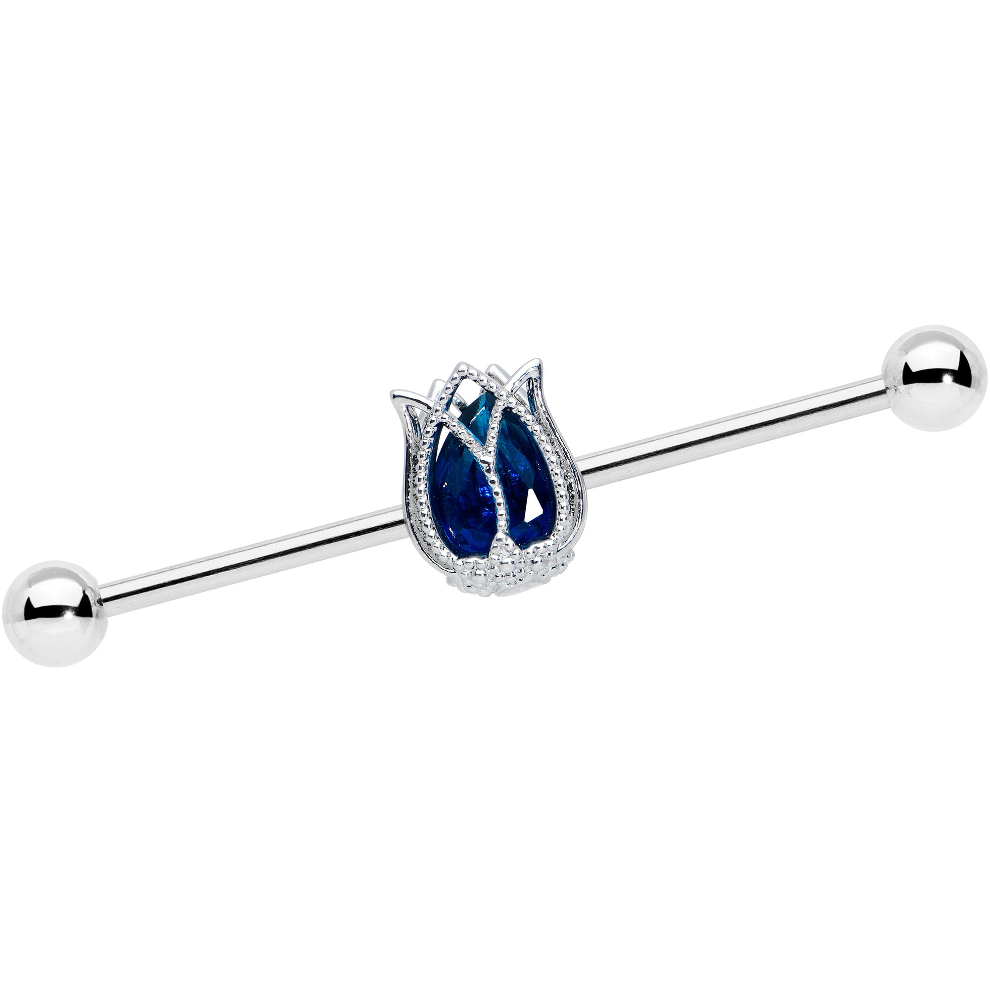 14G Blue Gem Tulip Flower Industrial Barbell 38mm