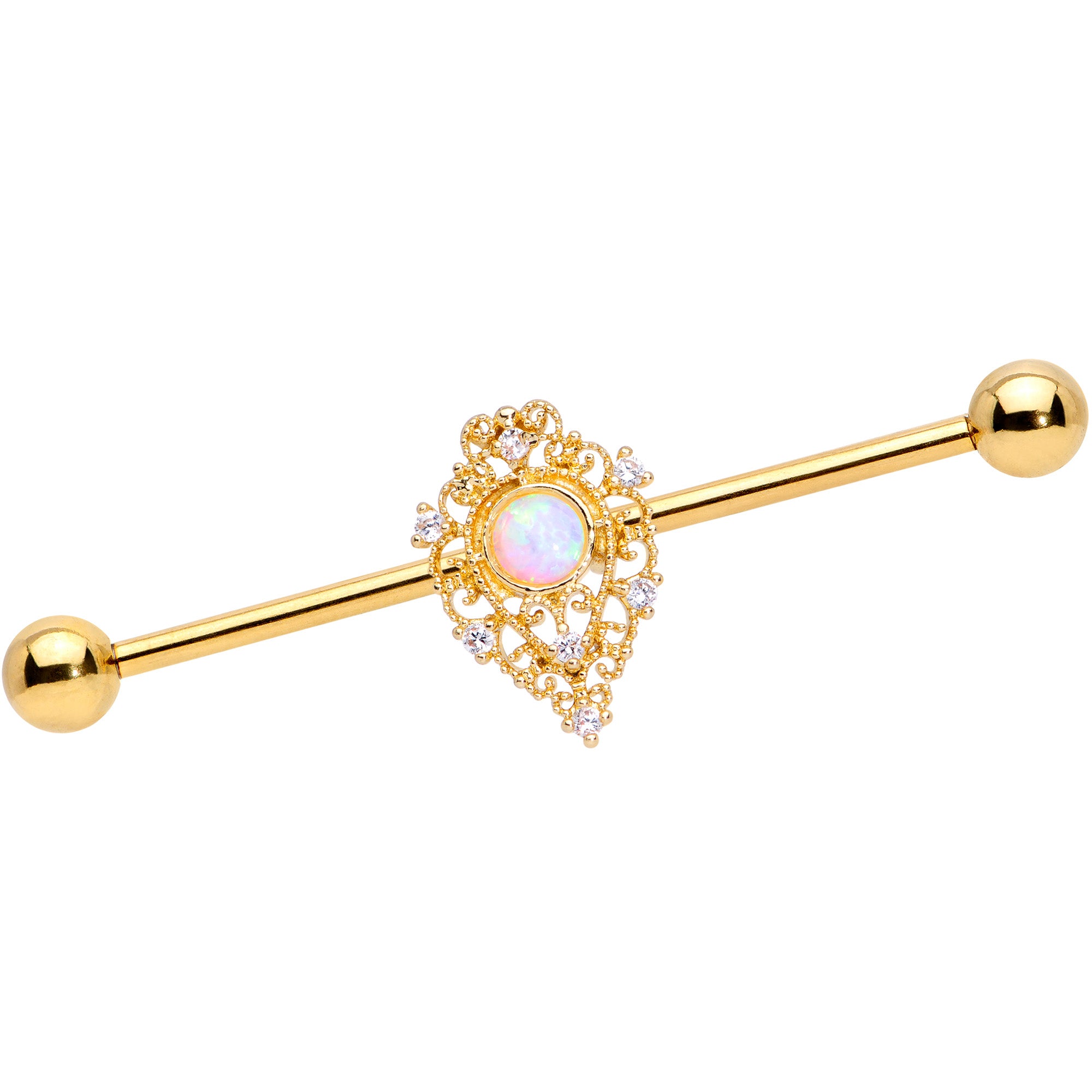 14G White Synthetic Opal Gold Tone Oval Industrial Barbell 38m