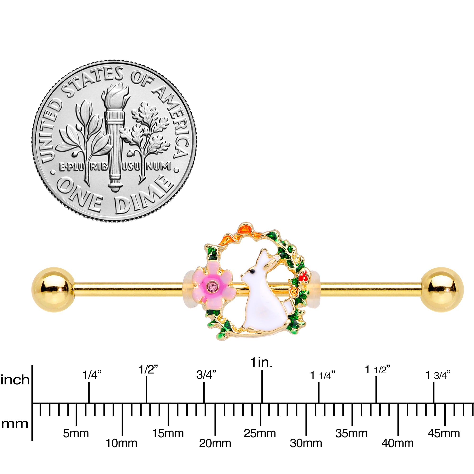 14G Clear Gem Gold Tone Bunny Flower Industrial Barbell 38mm
