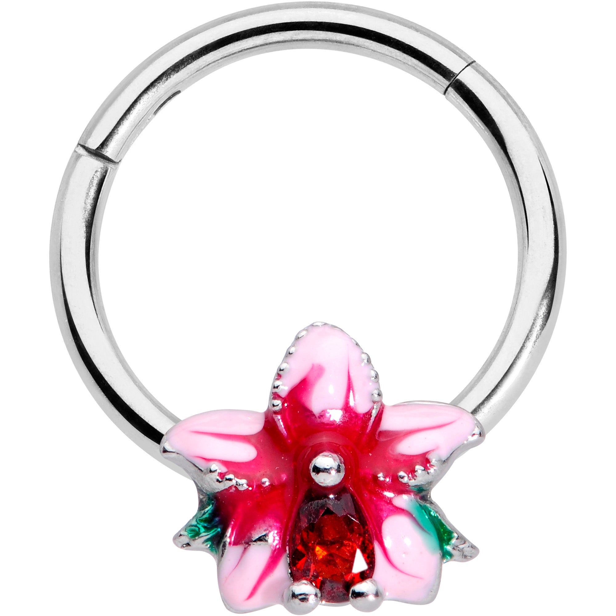 16G 3/8 Red Gem Exotic Flower Hinged Segment Ring