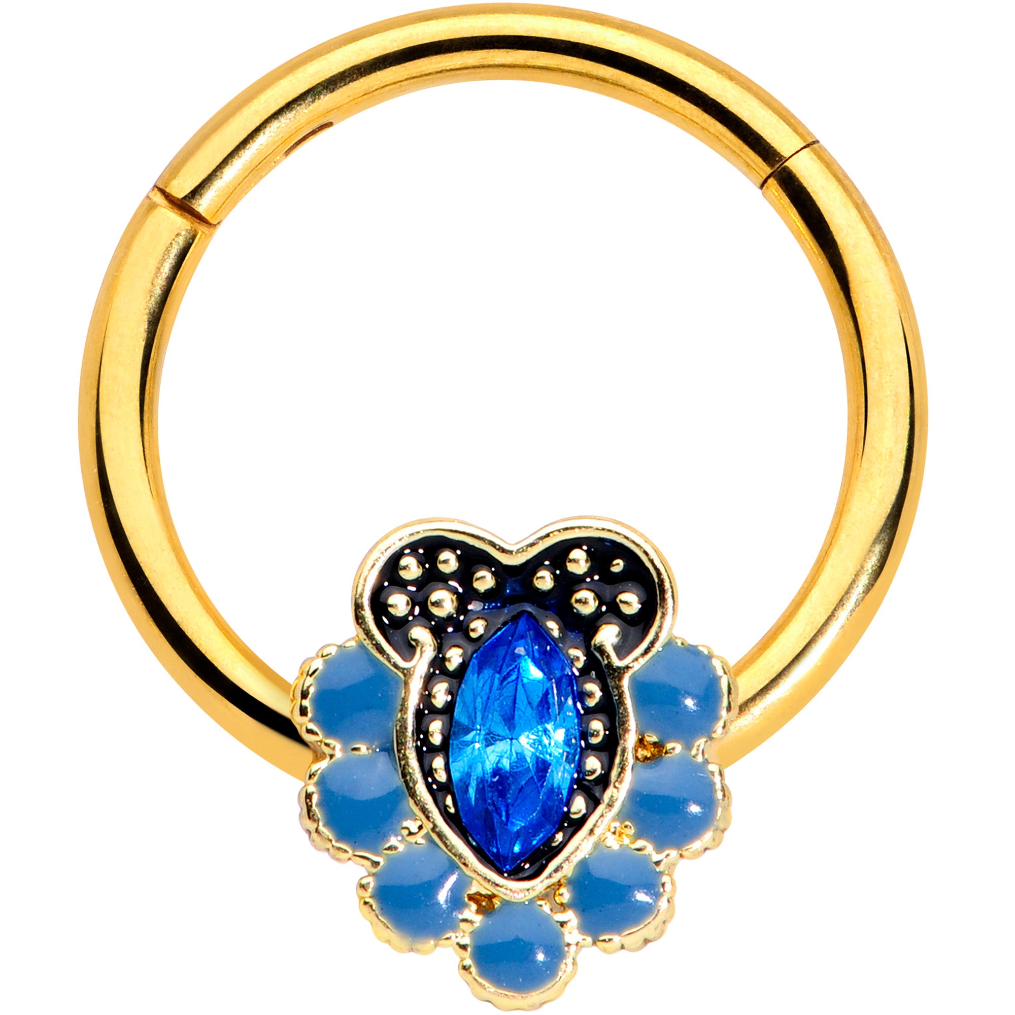 16G 3/8 Blue Gem Gold Tone Opulent Oval Hinged Segment Ring