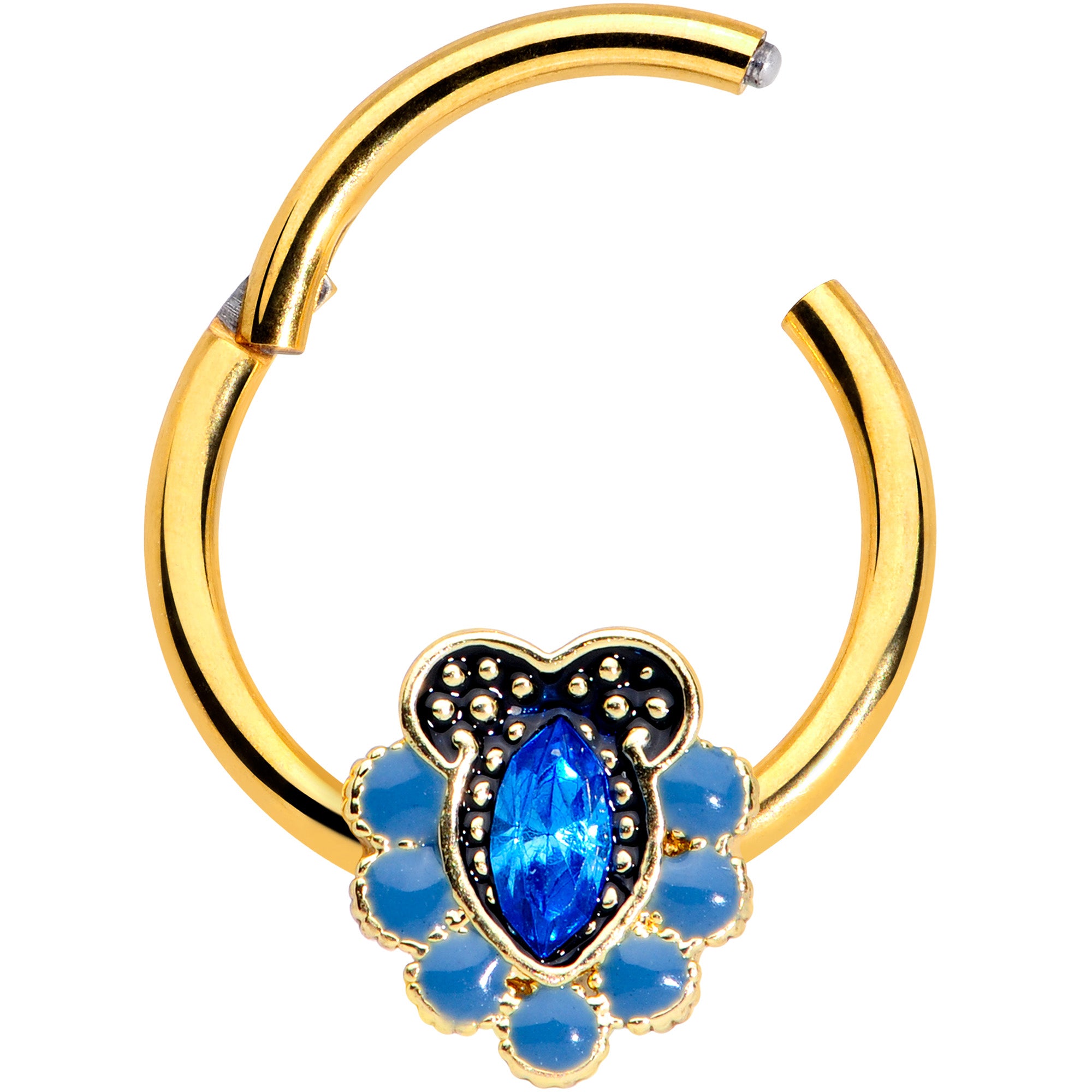 16G 3/8 Blue Gem Gold Tone Opulent Oval Hinged Segment Ring