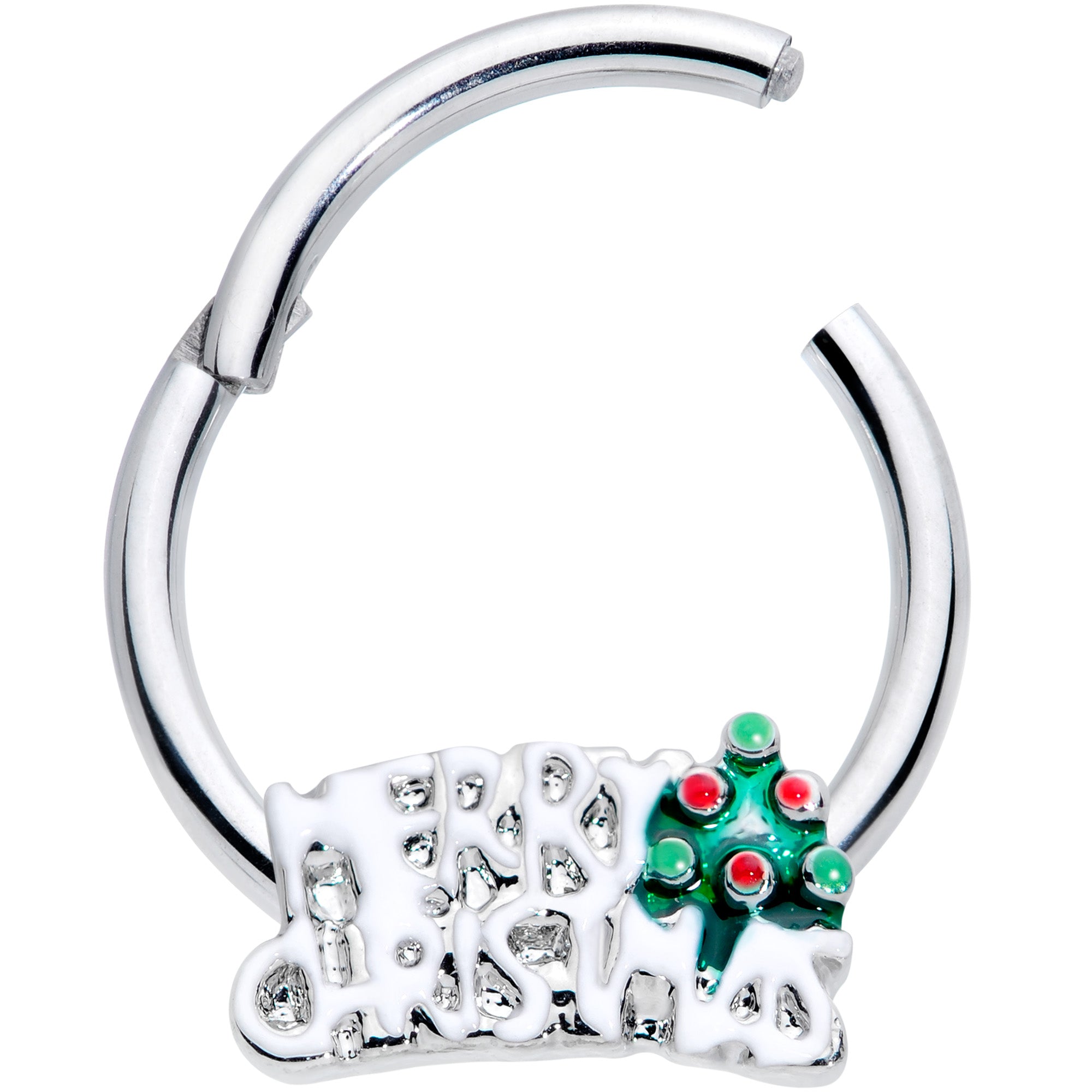 16G 3/8 Green Red Gem White Merry Christmas Hinged Segment Ring
