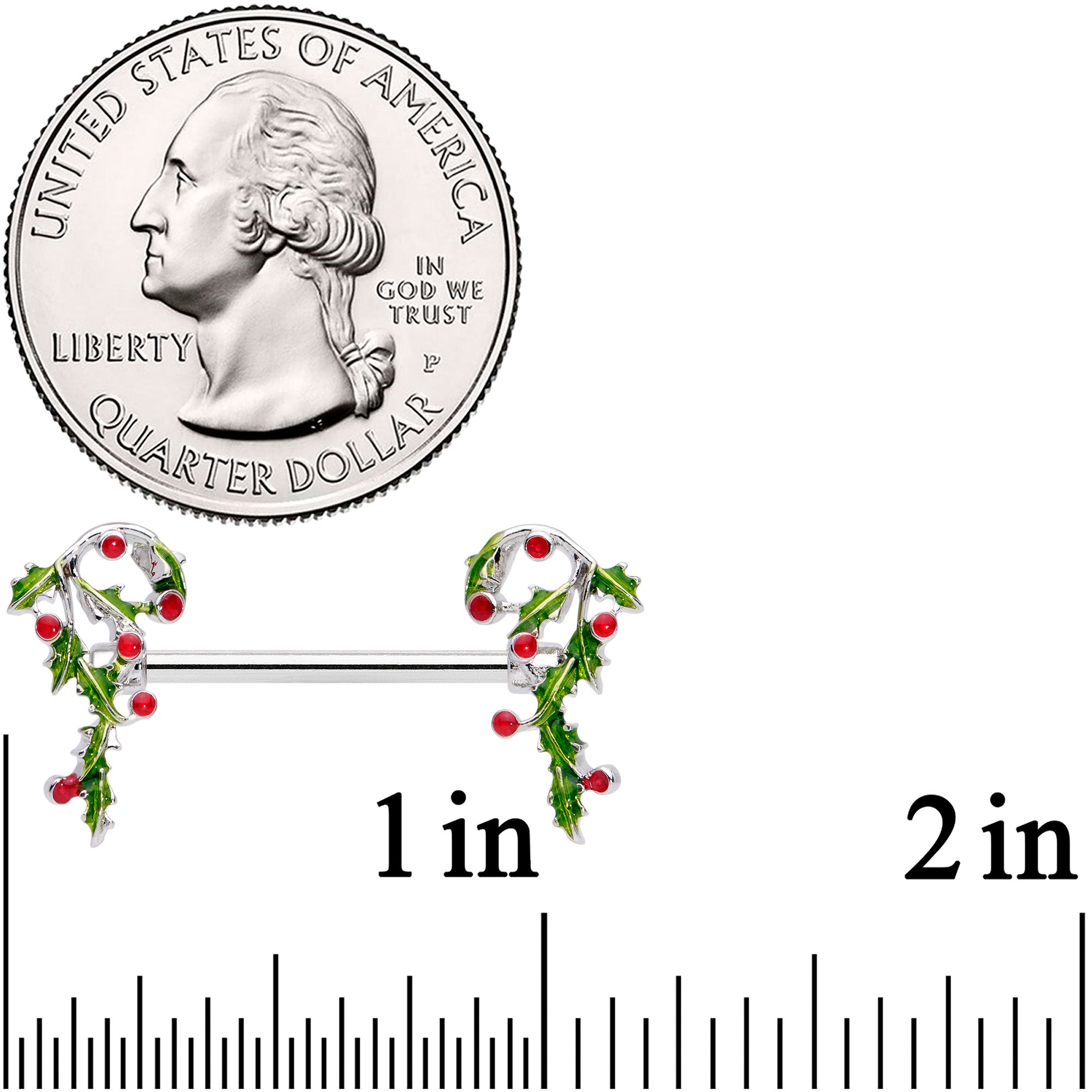 14G 5/8 Pink CZ Gem Candy Cane Holly Christmas Nipple Ring Set