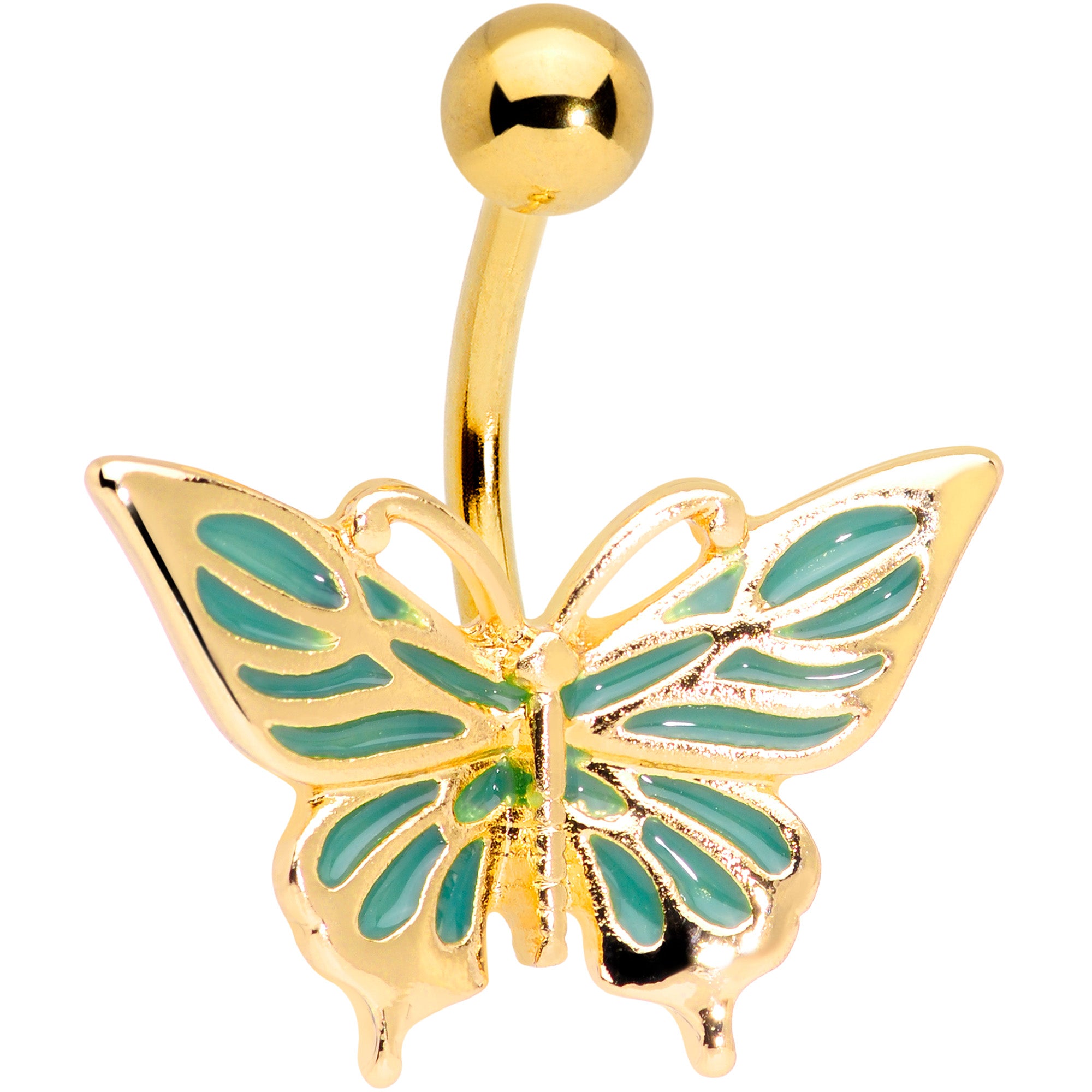 Gold Tone Green Inlay Butterfly Belly Ring