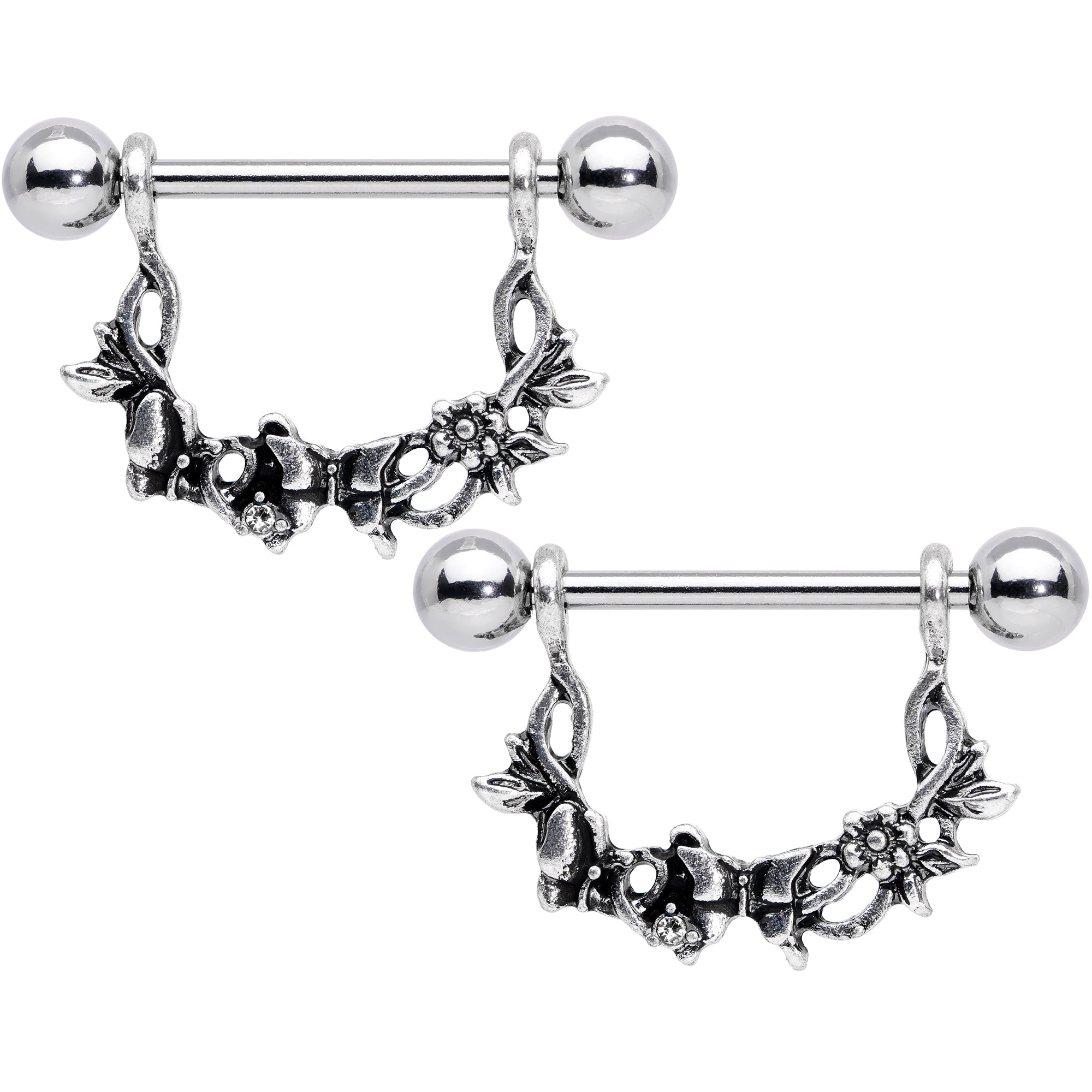14G 9/16 Clear Gem Abstract Bow Butterfly Dangle Nipple Ring Set