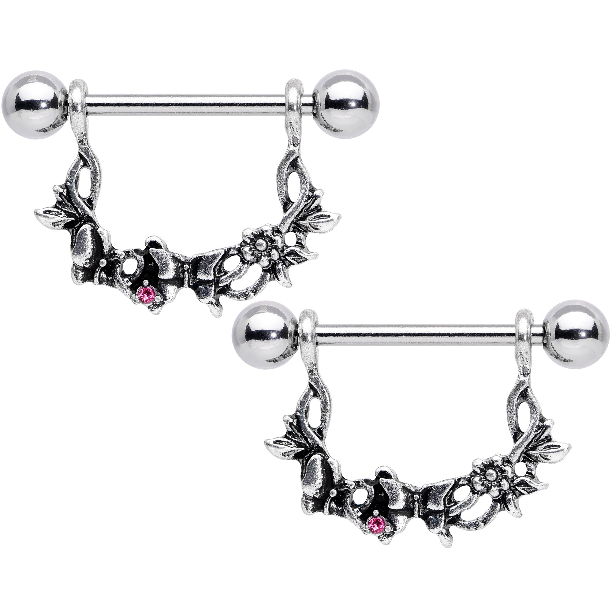 14G 9/16 Pink Gem Abstract Bow Butterfly Dangle Nipple Ring Set