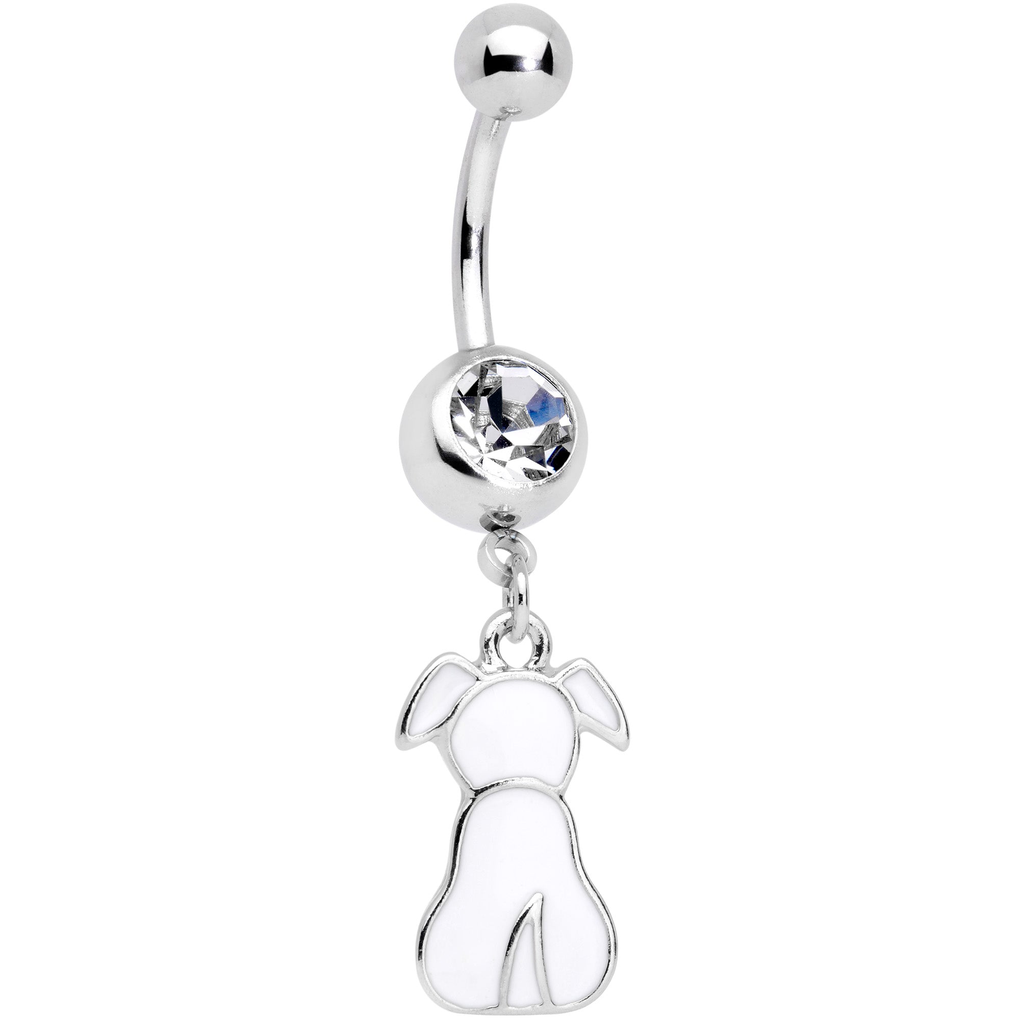 Clear Gem White Sitting Dog Dangle Belly Ring