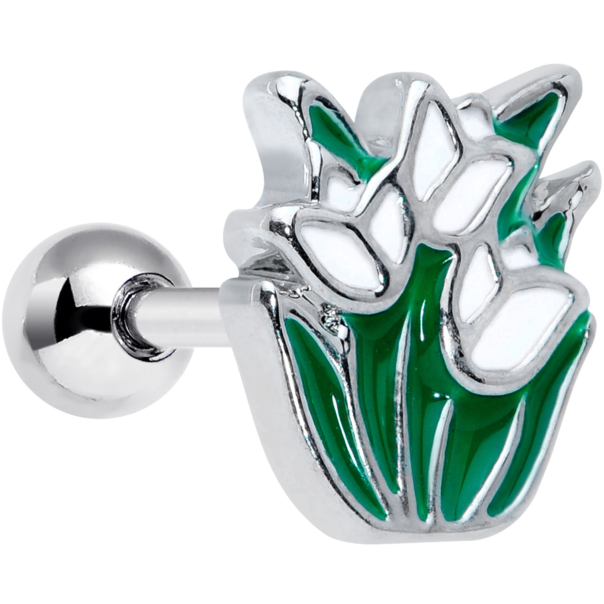 16G 1/4 Springtime White Tulip Flowers Cartilage Tragus Earring