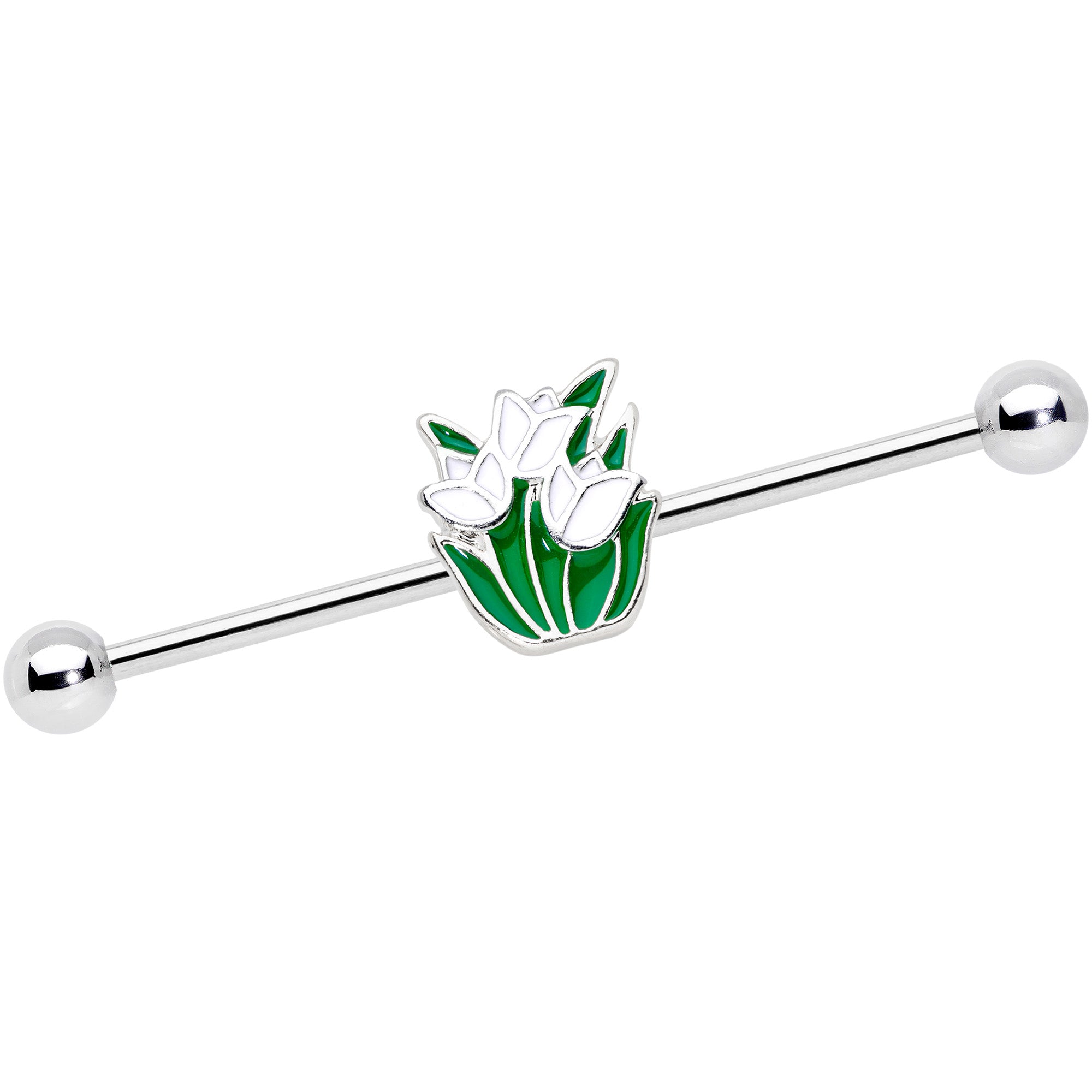 14G Spring White Tulip Flower Industrial Barbell 38mm