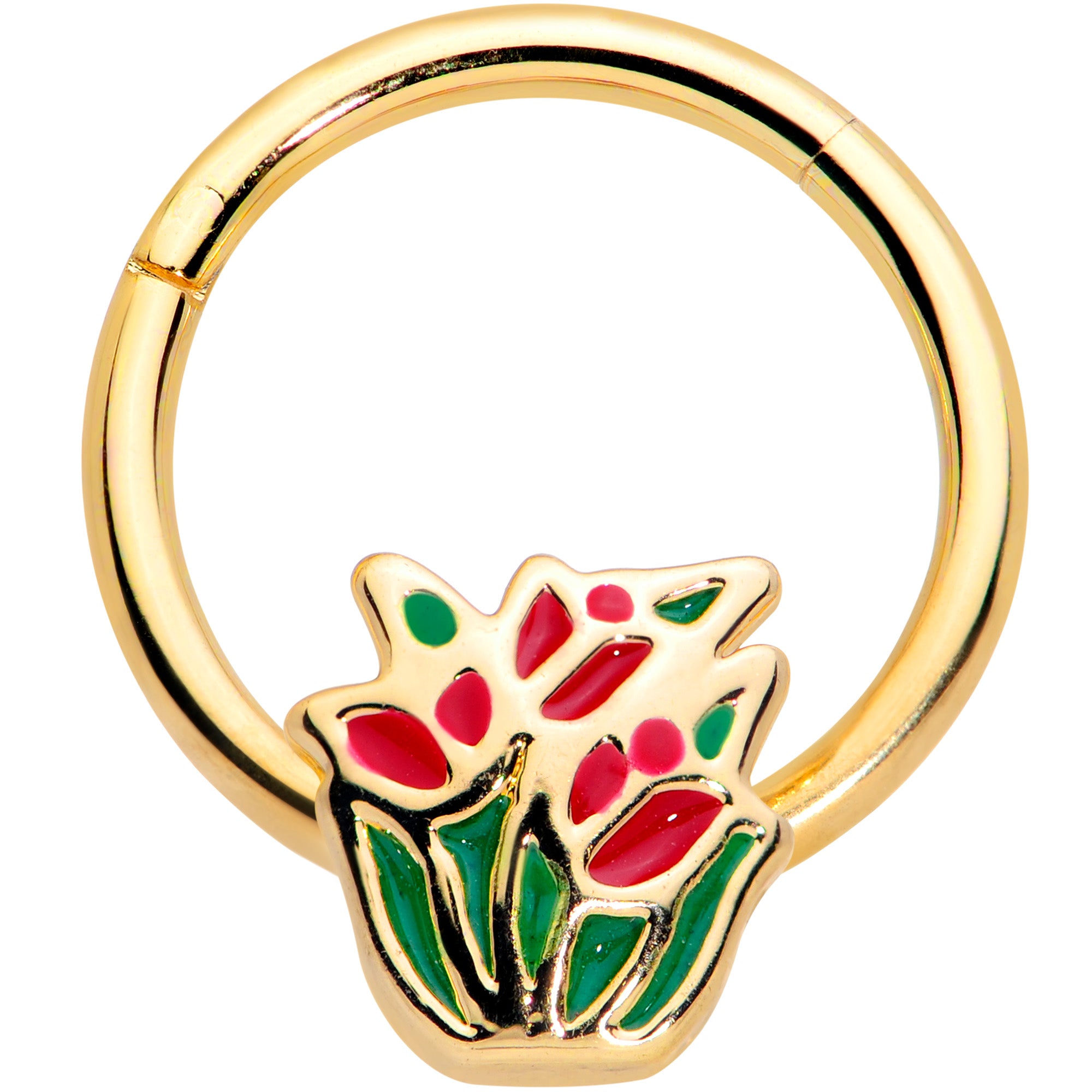 16G 3/8 Gold Tone Springtime Red Tulip Flower Hinged Segment Ring