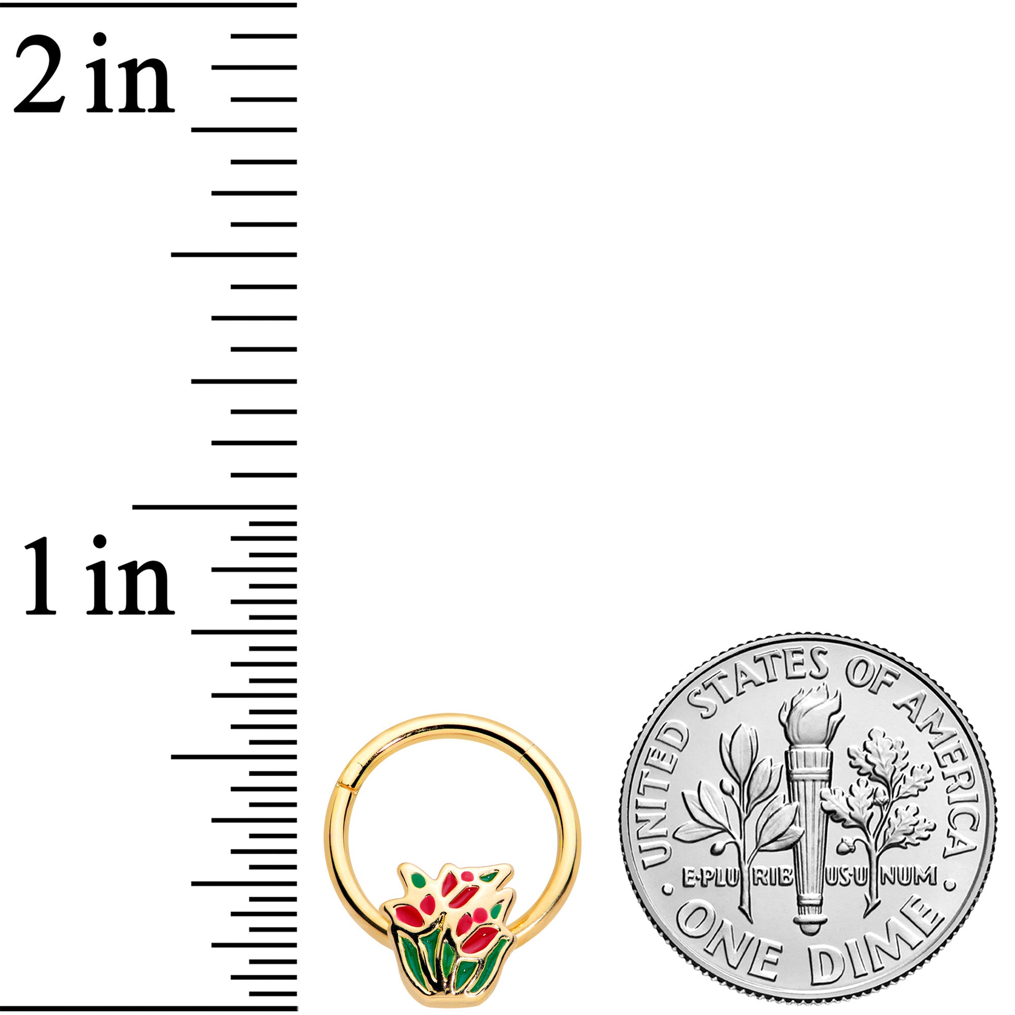 16G 3/8 Gold Tone Springtime Red Tulip Flower Hinged Segment Ring