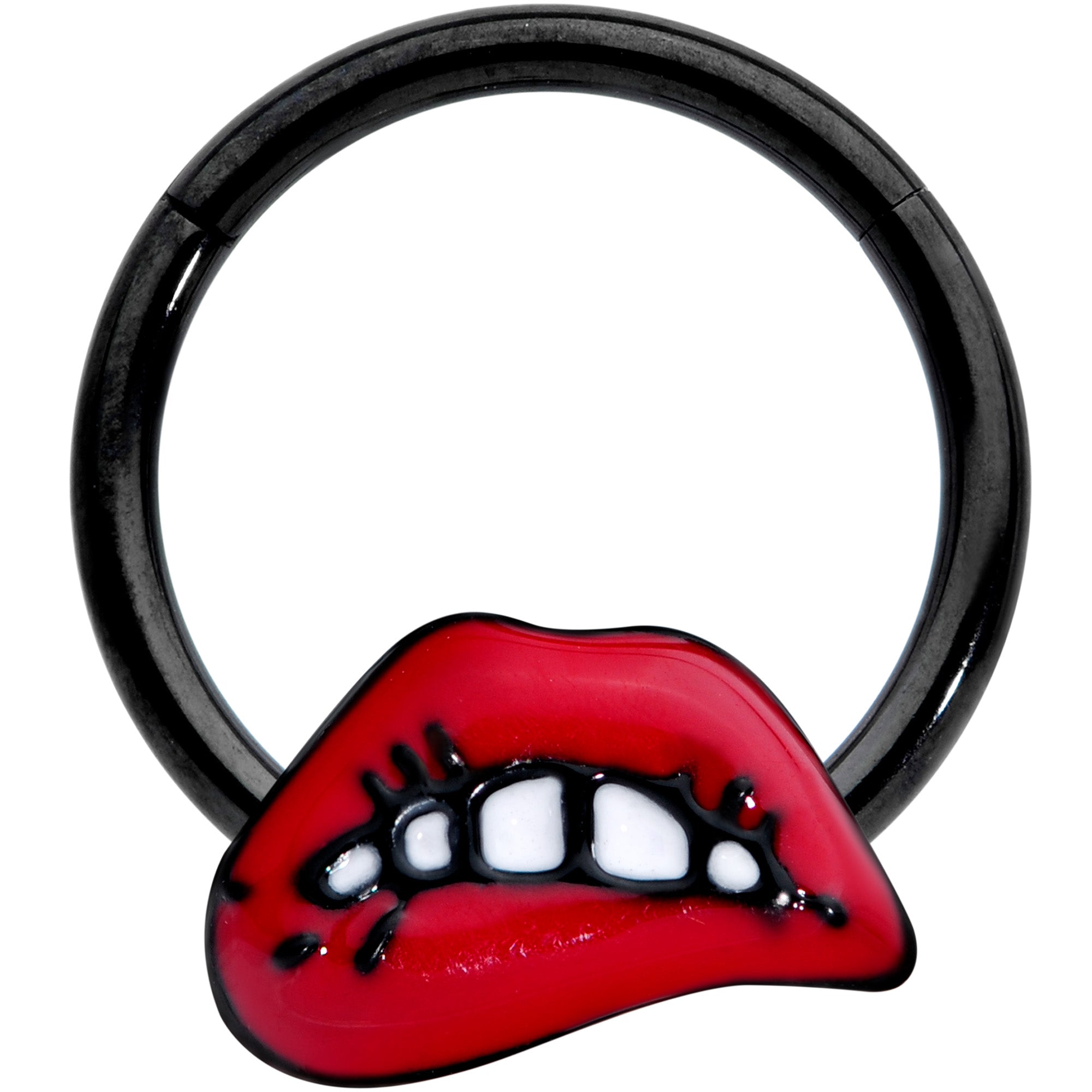 16G 3/8 Black Red Sneering Lips Bite Lips Hinged Segment Ring