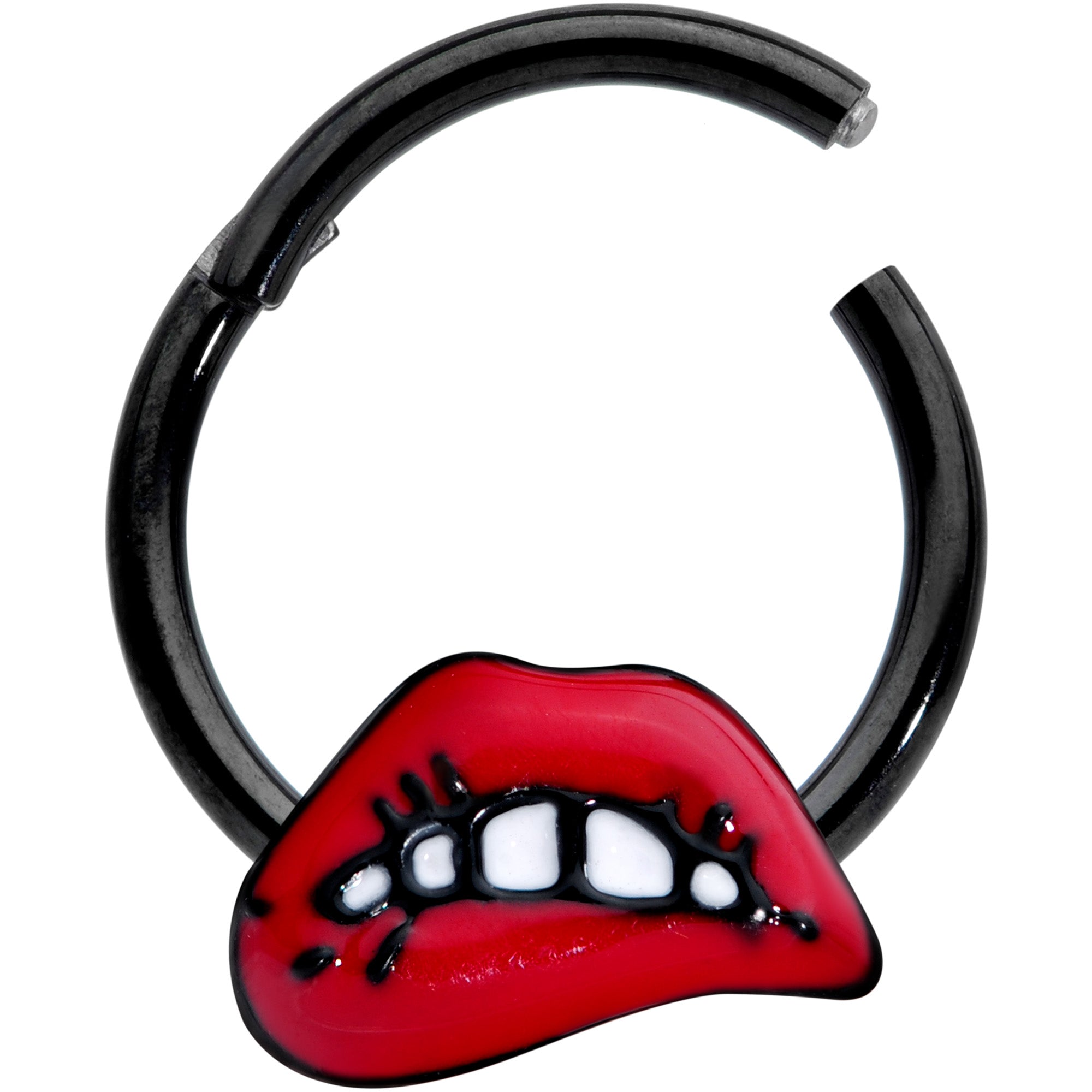16G 3/8 Black Red Sneering Lips Bite Lips Hinged Segment Ring