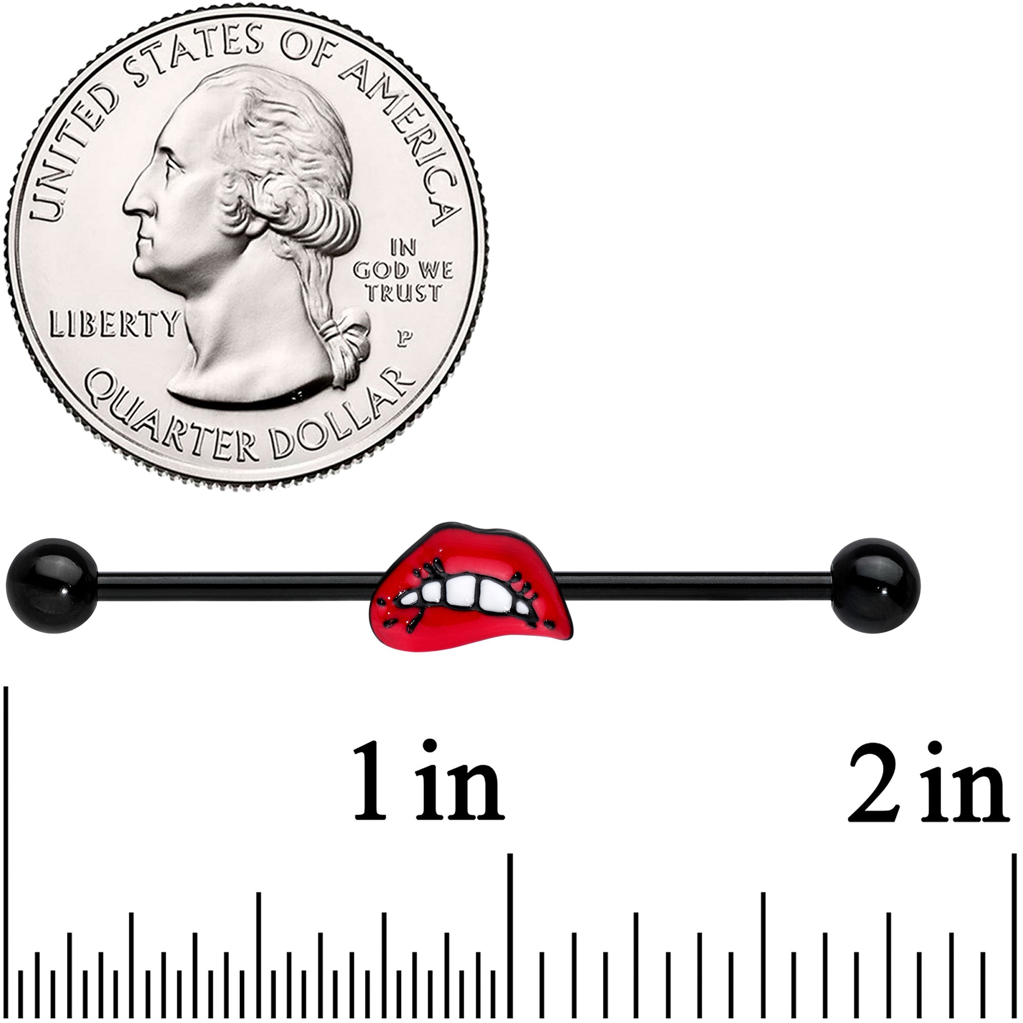 14G Black Red Sneering Bite Lips Industrial Barbell 38mm