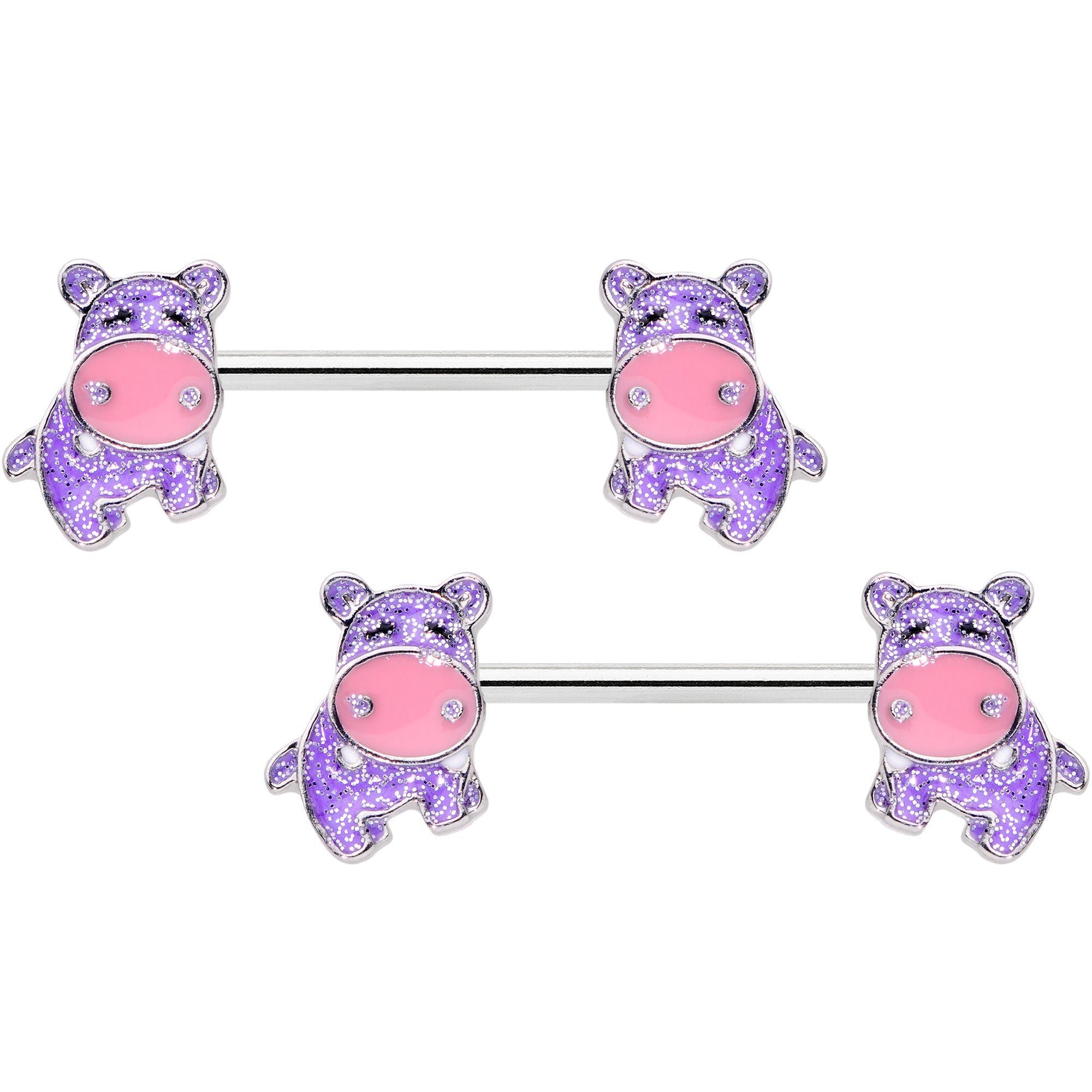 14G 9/16 Happy Purple Hippo Barbell Nipple Ring Set