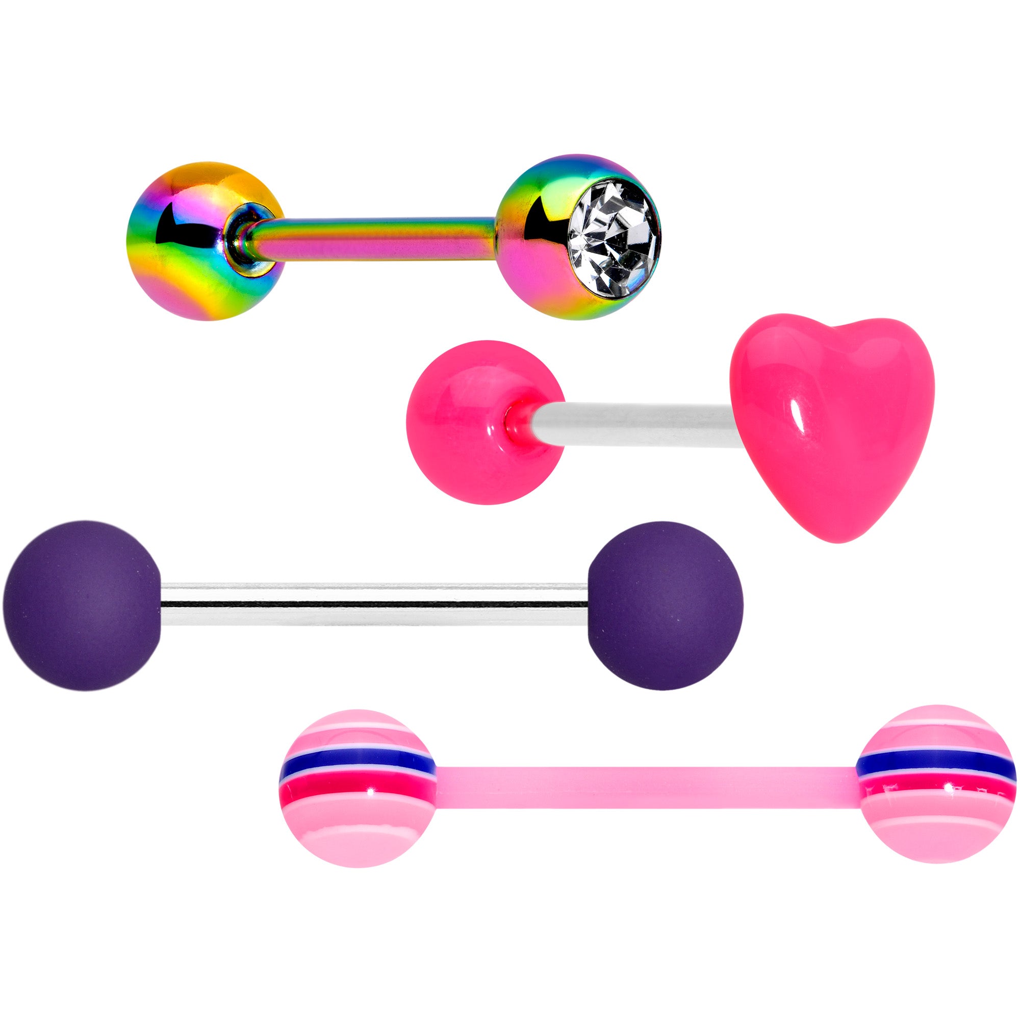 Clear Gem Rainbow Pink Heart Purple Barbell Tongue Ring Set of 4