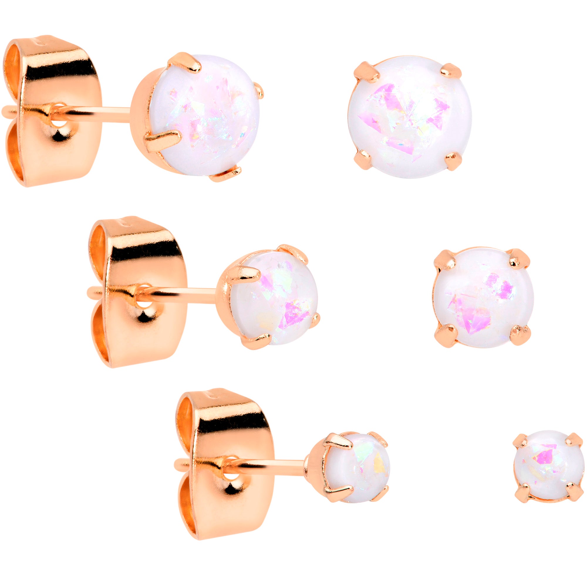 20G White Faux Opal Rose Gold Tone 3mm 5mm Stud Earrings Set of 3