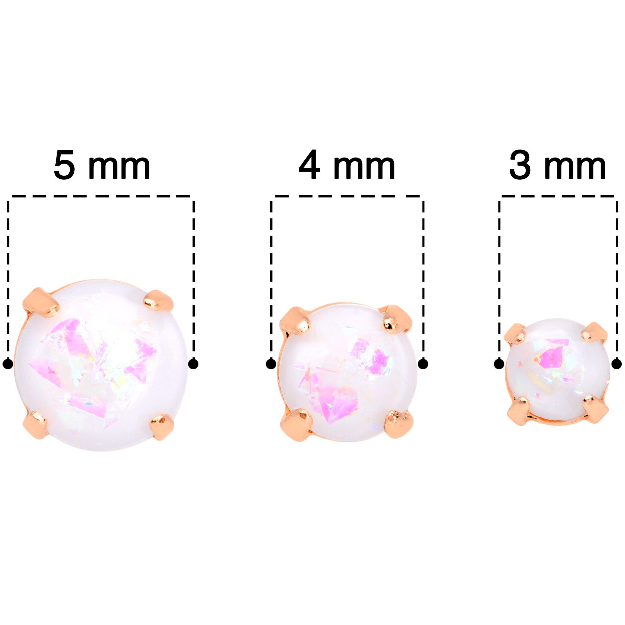 20G White Faux Opal Rose Gold Tone 3mm 5mm Stud Earrings Set of 3