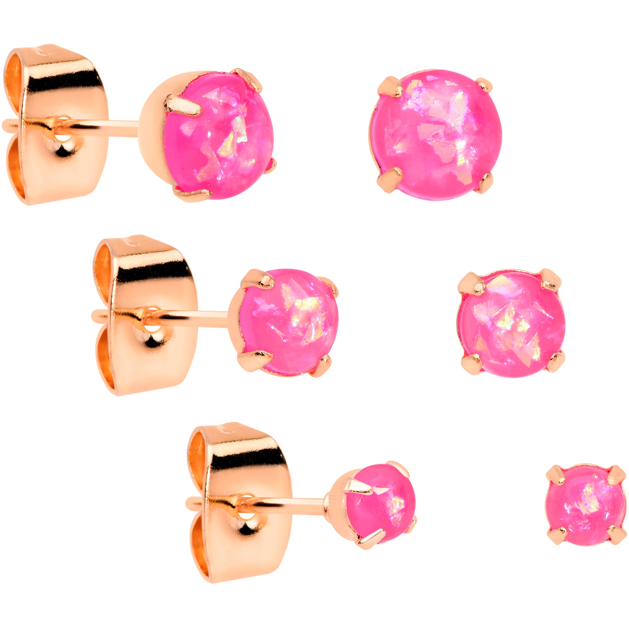 20G Pink Faux Opal Rose Gold Tone 3mm 5mm Stud Earrings Set of 3