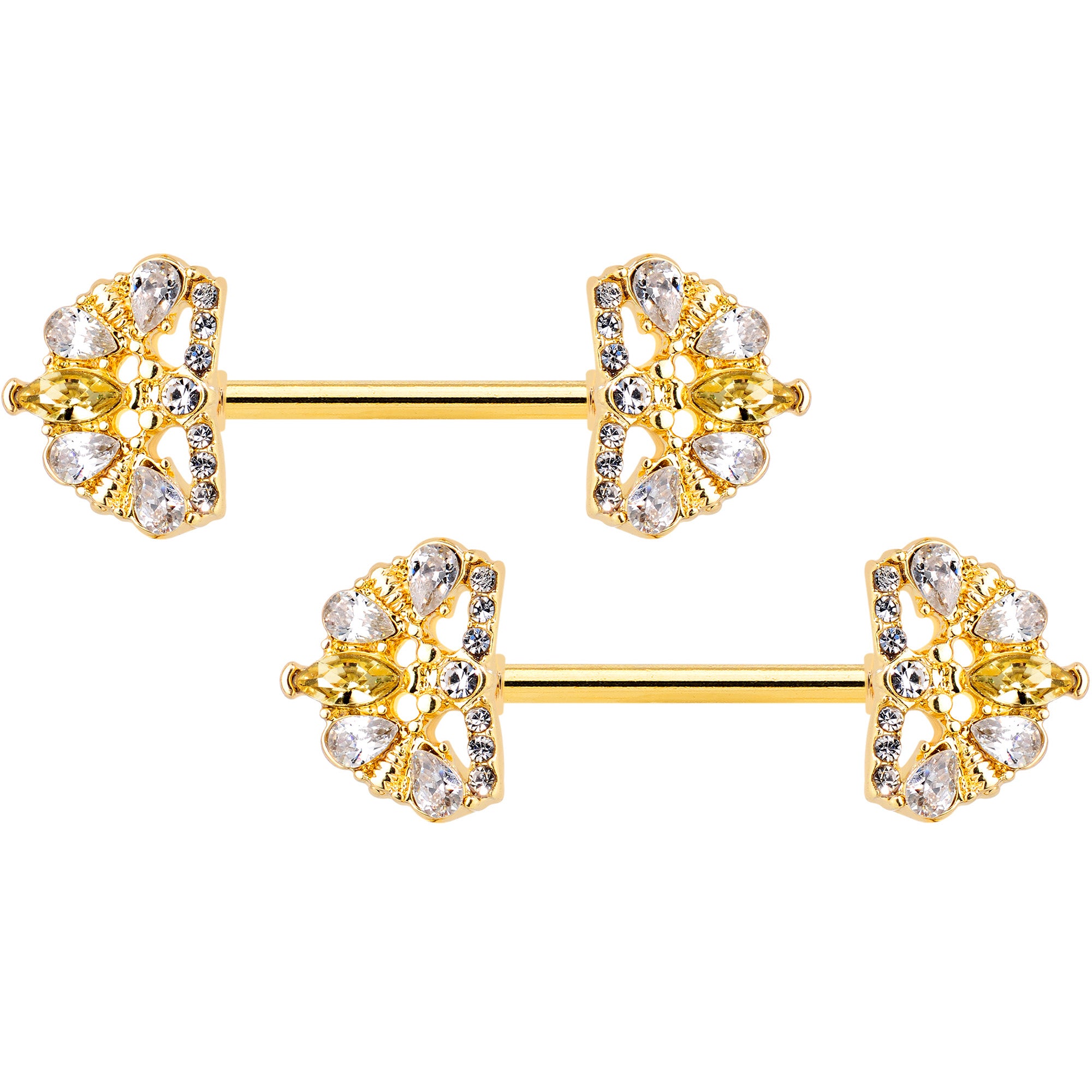 14G 9/16 Clear CZ Gem Gold Tone Lavish Crown Nipple Ring Set