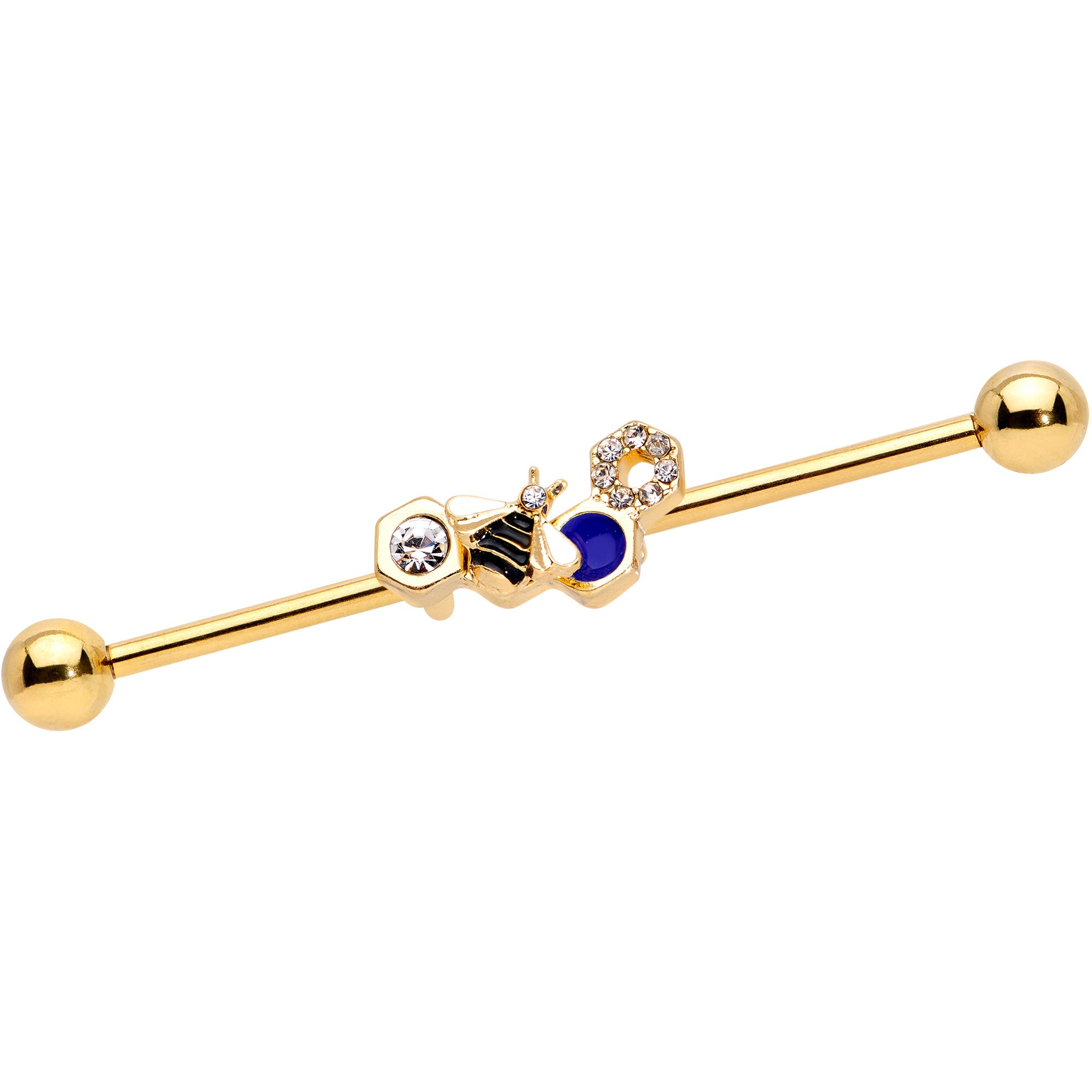 14G Clear CZ Gem Gold Tone Lovely Bee Industrial Barbell 38mm