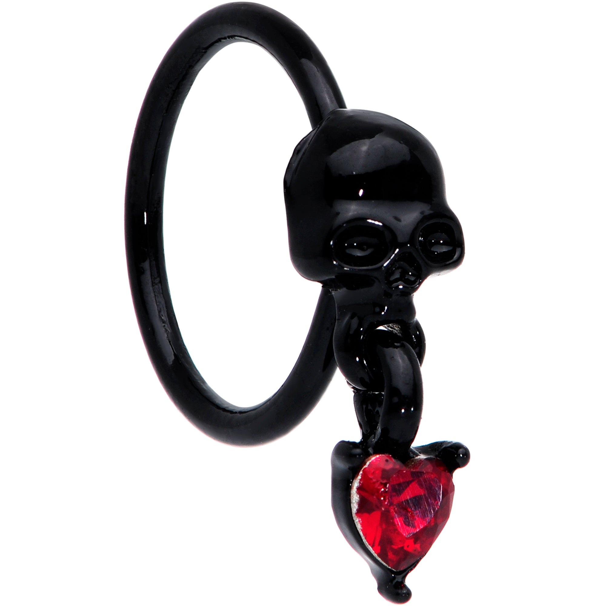 18G 3/8 Red CZ Gem Heart Black Skull Halloween Nose Hoop