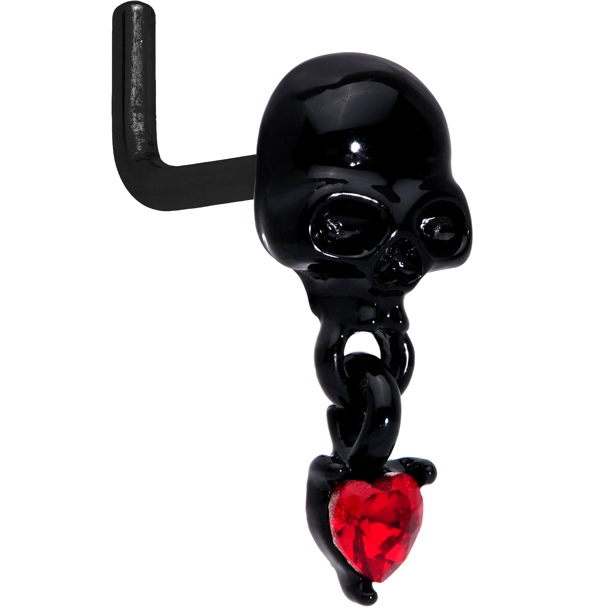 18G 1/4 Red CZ Gem Heart Black Skull Halloween L Shape Nose Ring