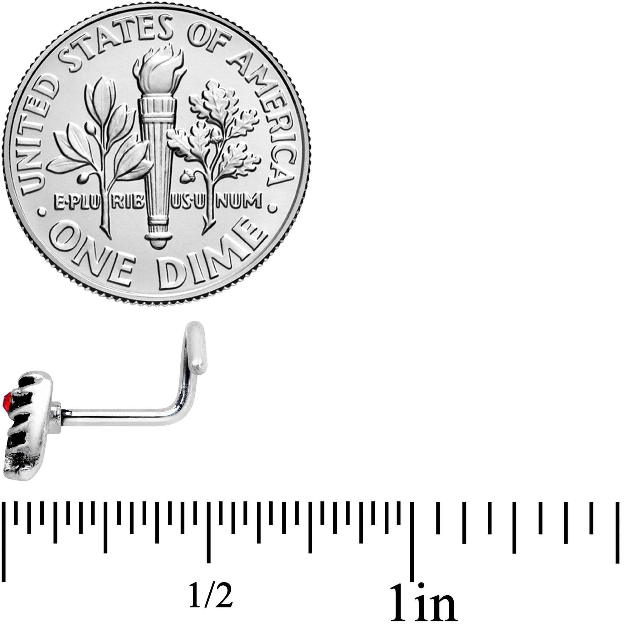 18G 5/16 Red CZ Gem Heart Skeleton Ribs Halloween Nose Screw