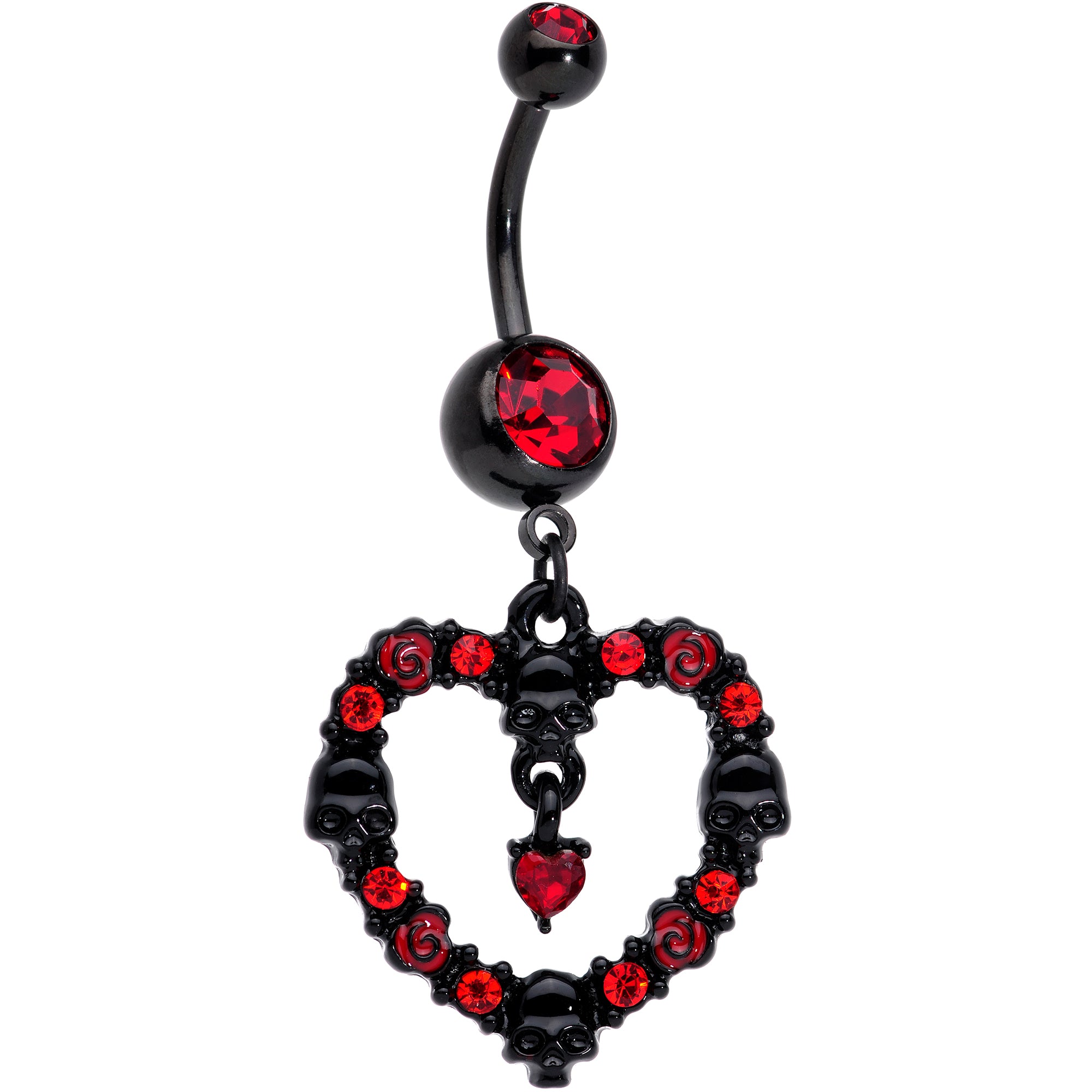 Red CZ Gem Black Skull Heart Halloween Dangle Belly Ring