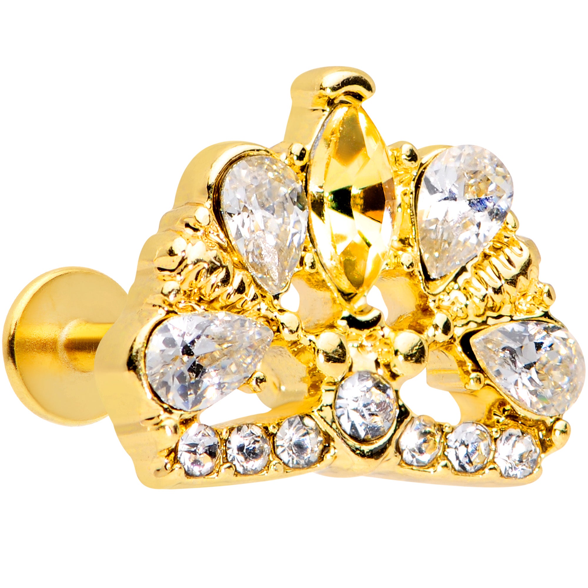 16G 5/16 Clear CZ Gem Gold Tone Lavish Crown Labret Monroe Tragus