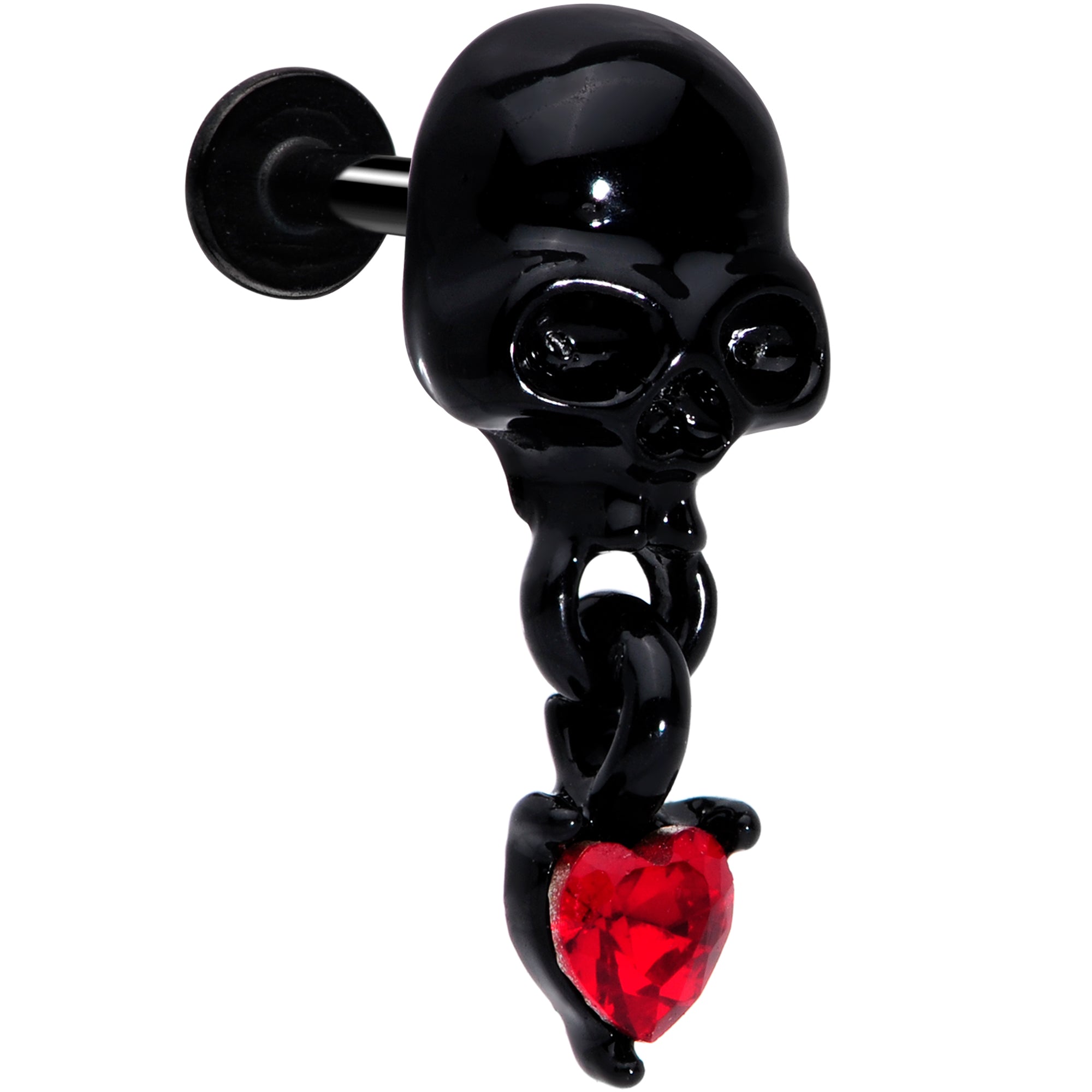 16G 5/16 Red CZ Gem Heart Black Skull Halloween Labret Tragus