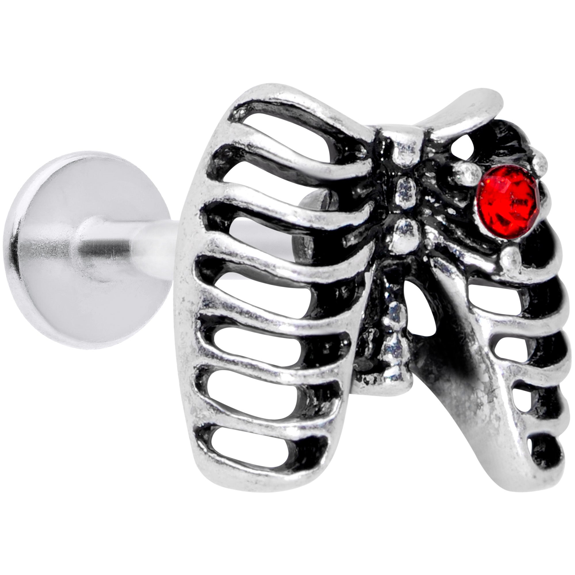16G 5/16 Red CZ Gem Heart Skeleton Ribs Halloween Labret Tragus