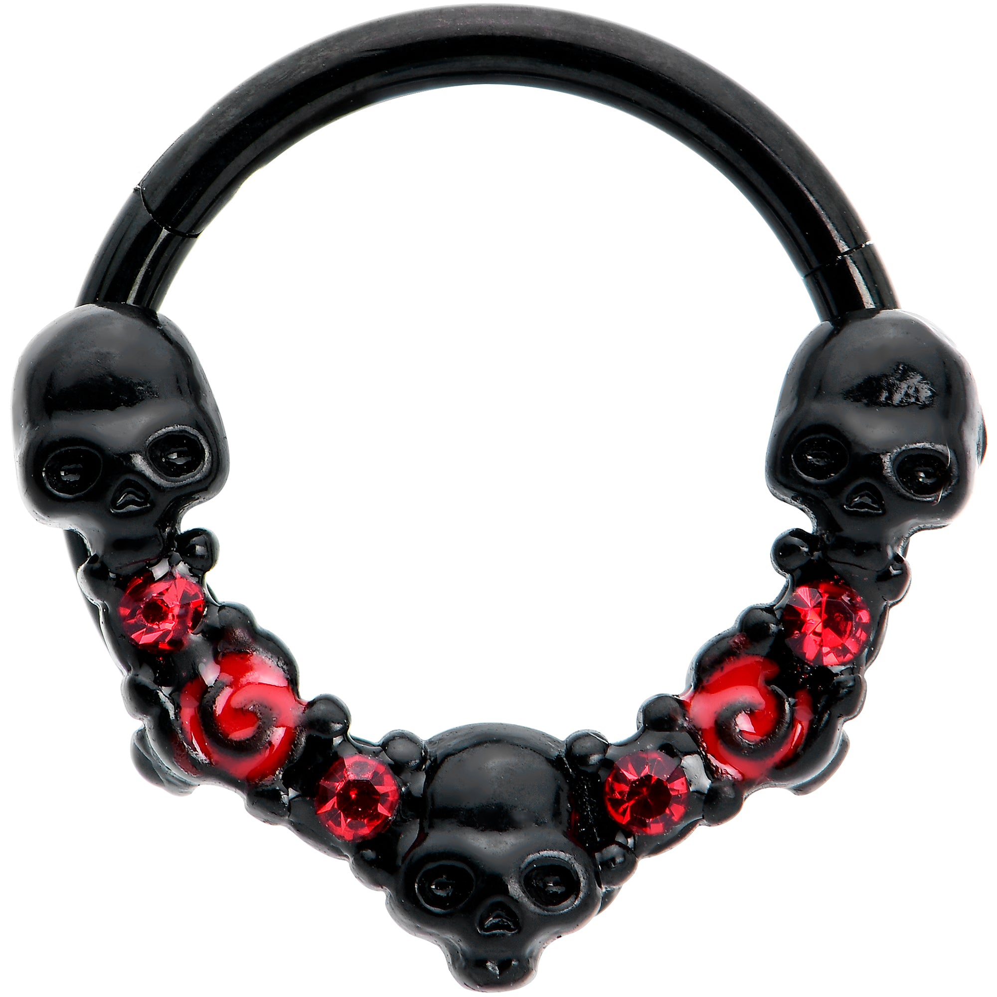 16G 3/8 Red Clear CZ Gem Black Skull Halloween Hinged Segment Ring
