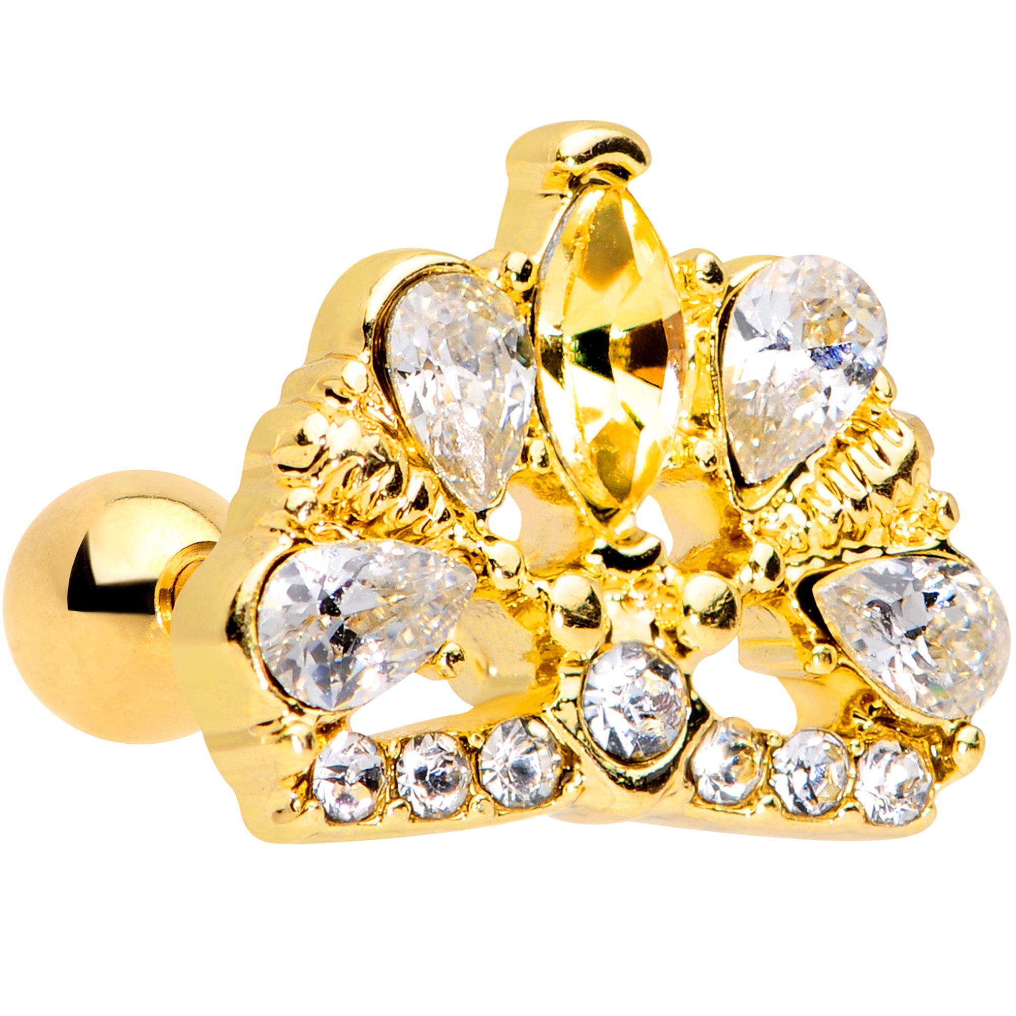 16G 1/4 Clear CZ Gem Gold Tone Lavish Crown Cartilage Earring