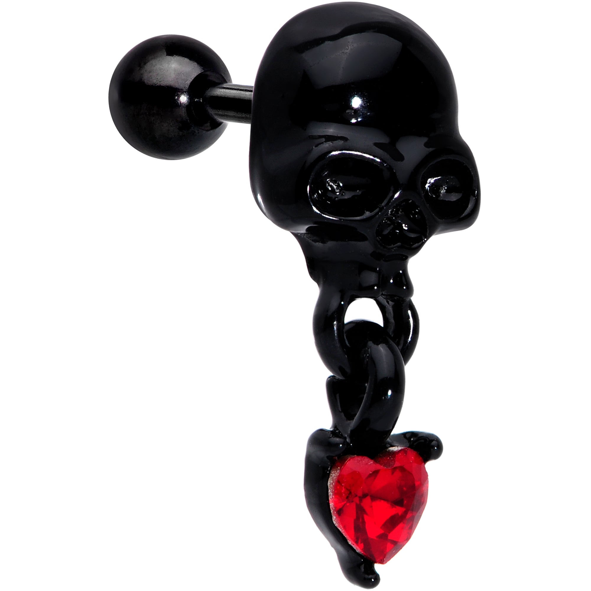 16G 1/4 Red CZ Gem Heart Black Skull Halloween Cartilage Earring